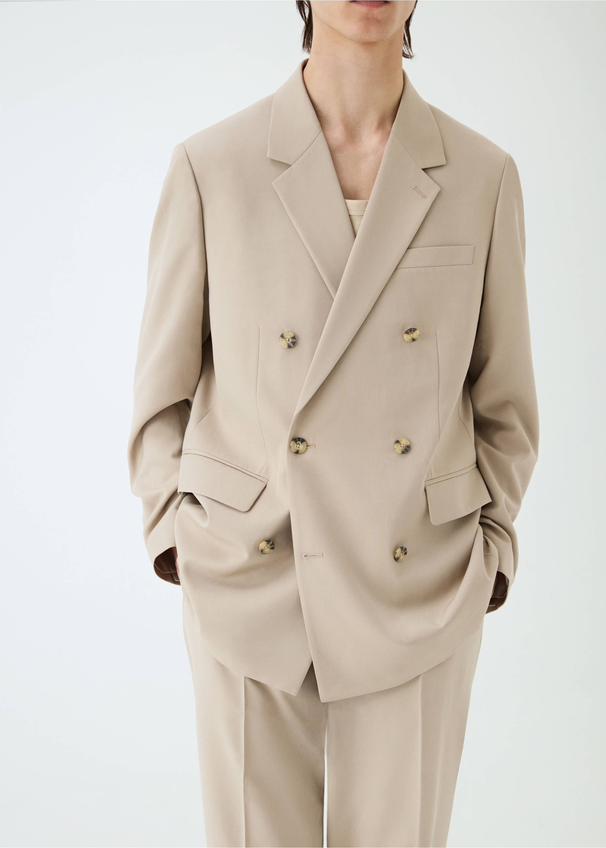 Double-breasted regular-fit suit jacket - Details of the article 5, Beige. Ref: 77010580-00.
