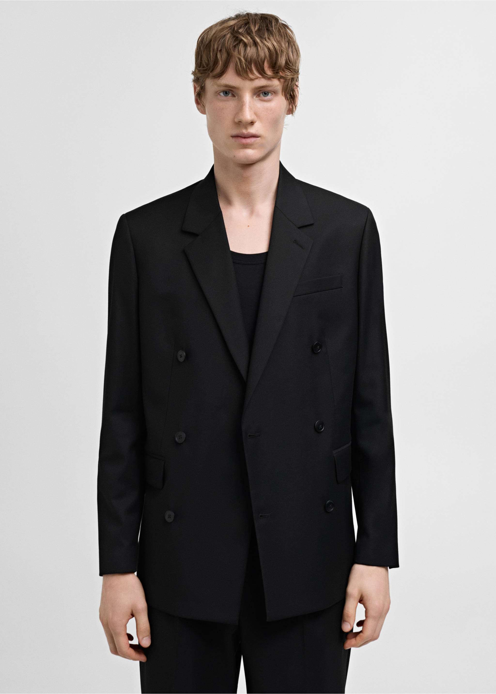 Double-breasted regular-fit suit jacket - Medium plane, Black. Ref: 77010581-00.