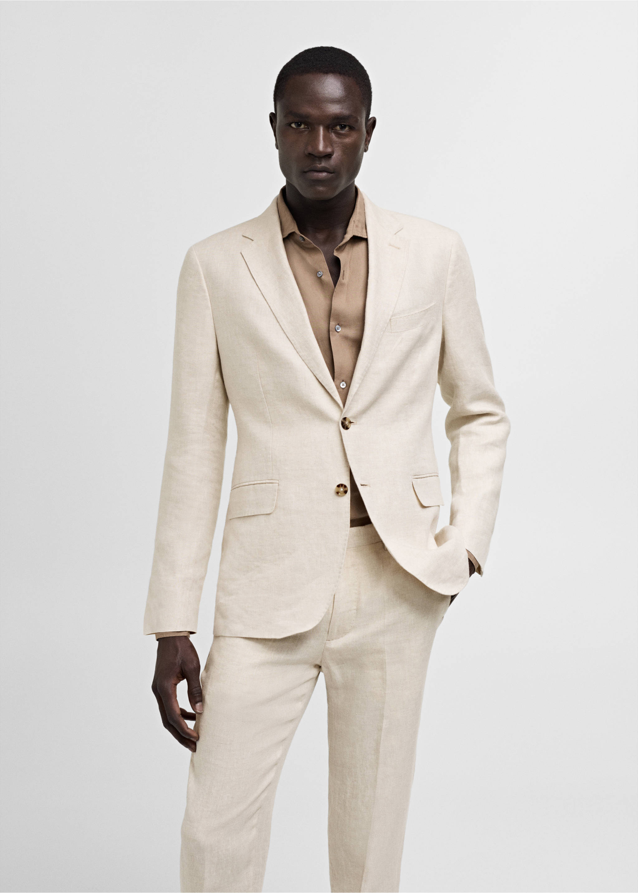 100% linen slim-fit suit jacket - Medium plane, Beige. Ref: 77010585-00.