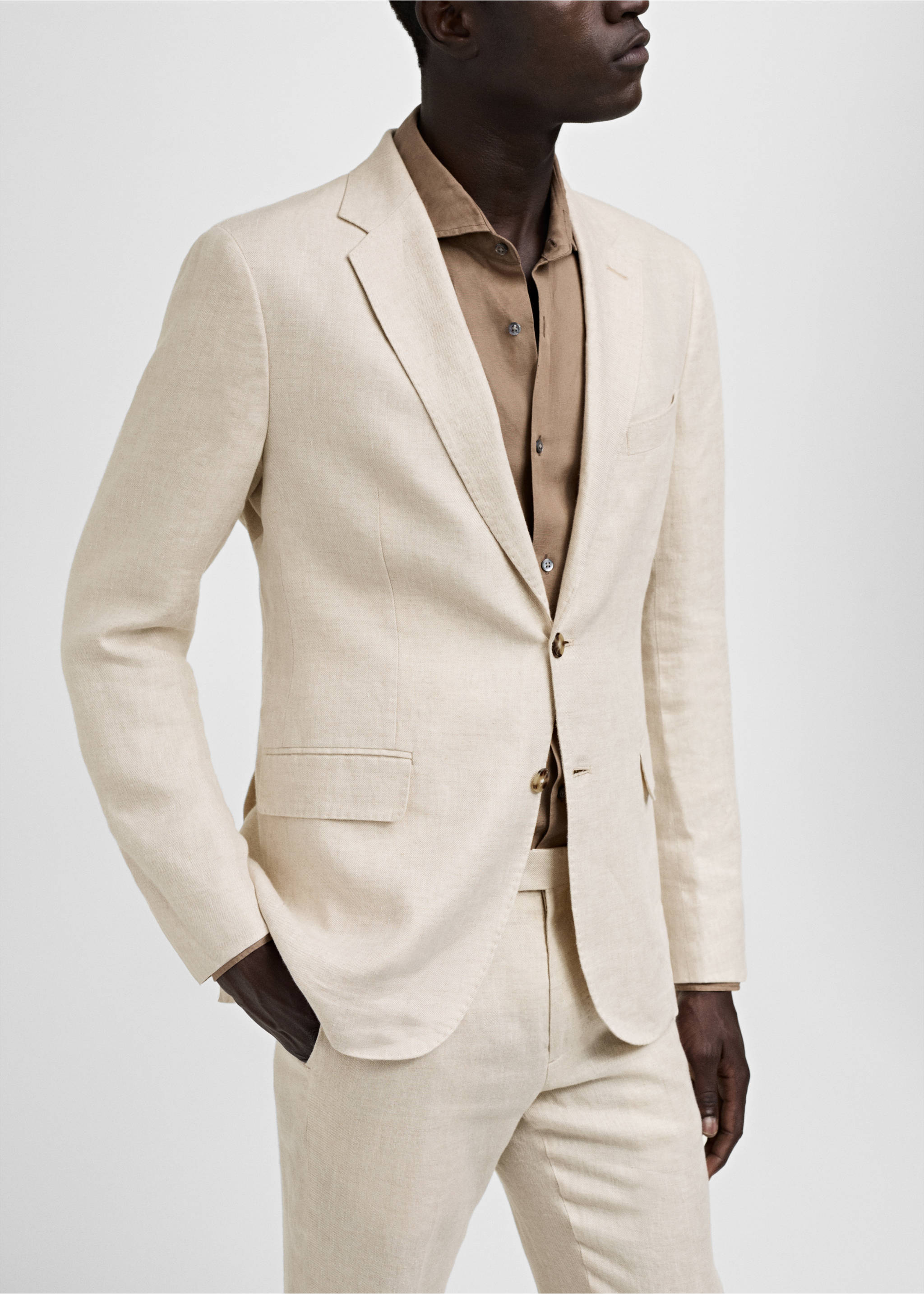 100% linen slim-fit suit jacket - Details of the article 2, Beige. Ref: 77010585-00.