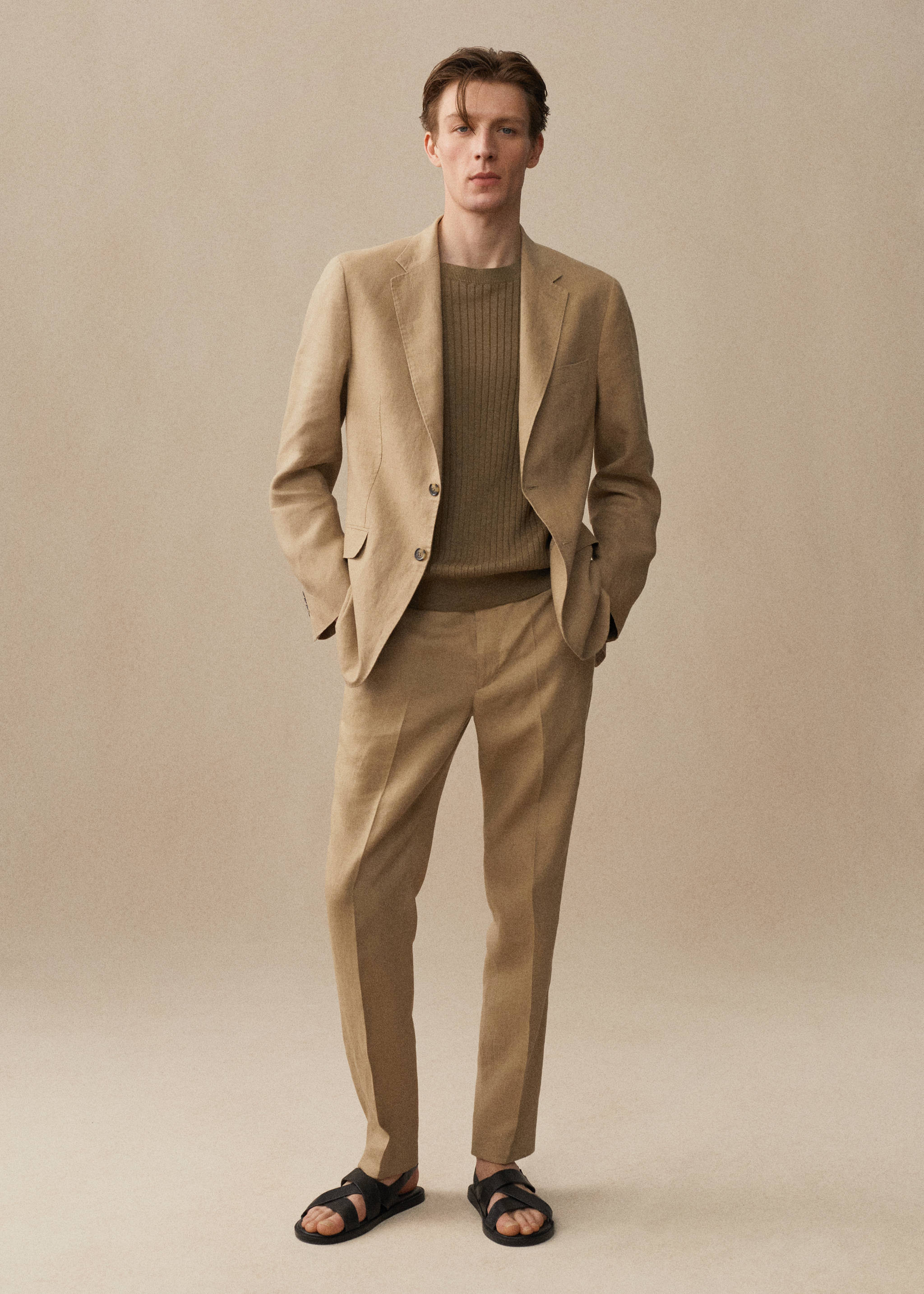 100% linen slim-fit suit jacket - Details of the article 3, Medium Brown. Ref: 77010587-00.