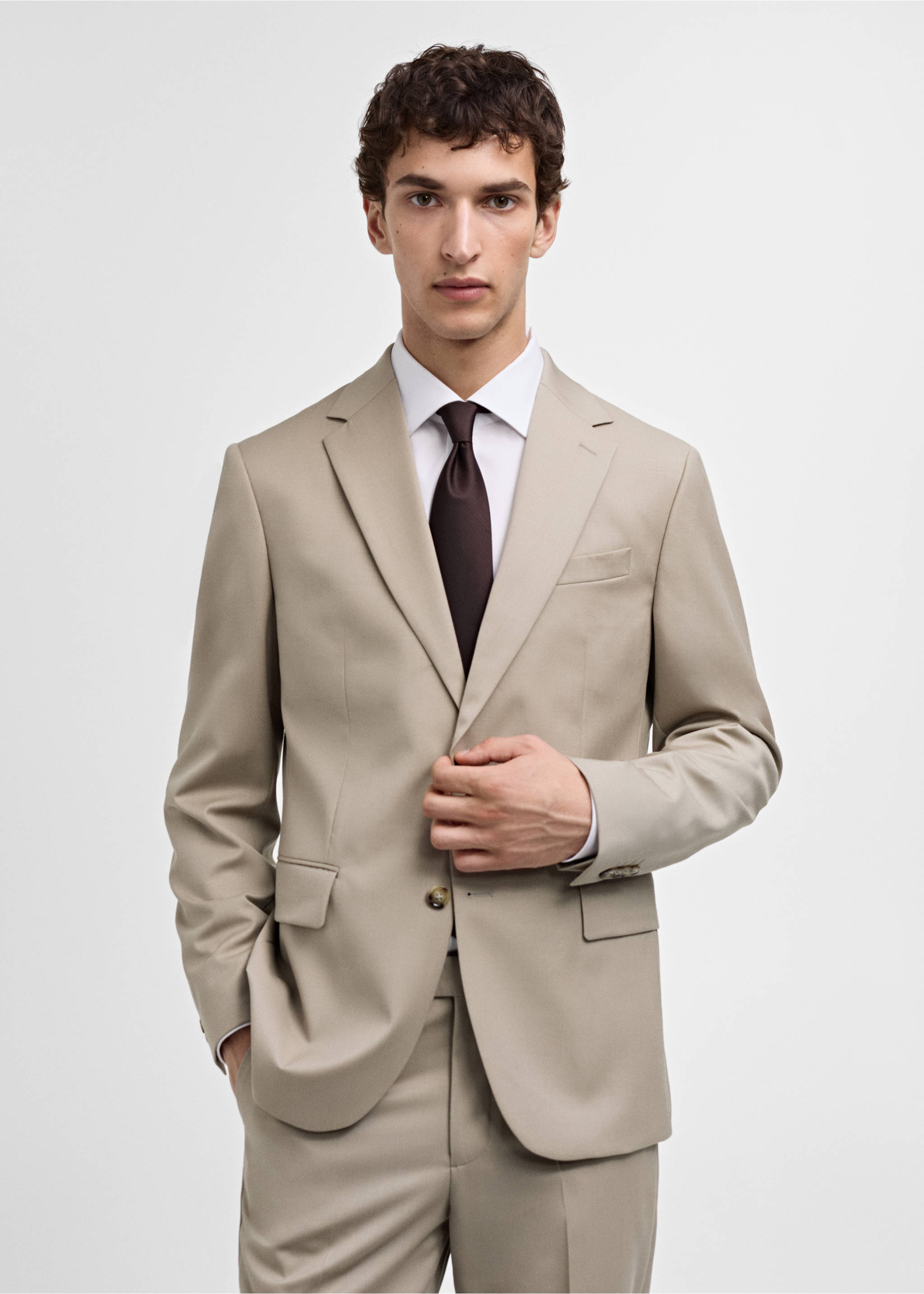 Marynarka garniturowa slim fit z 100% wełny dziewiczej - Plan średni, Beżowy. Ref: 77010588-00.