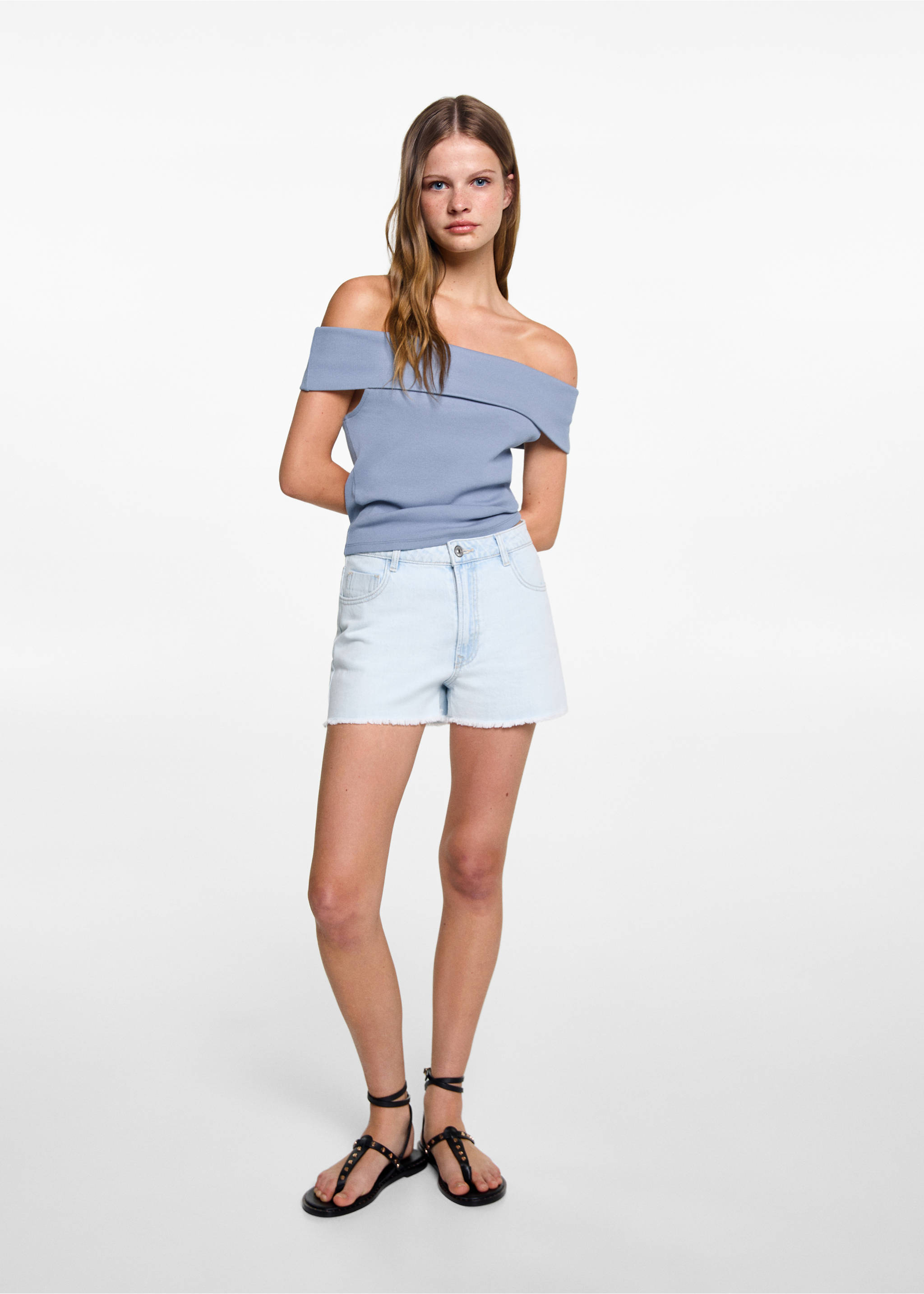 Geripptes schulterfreies Top - Allgemeine Ansicht, Himmelblau. Ref: 77010620-00.