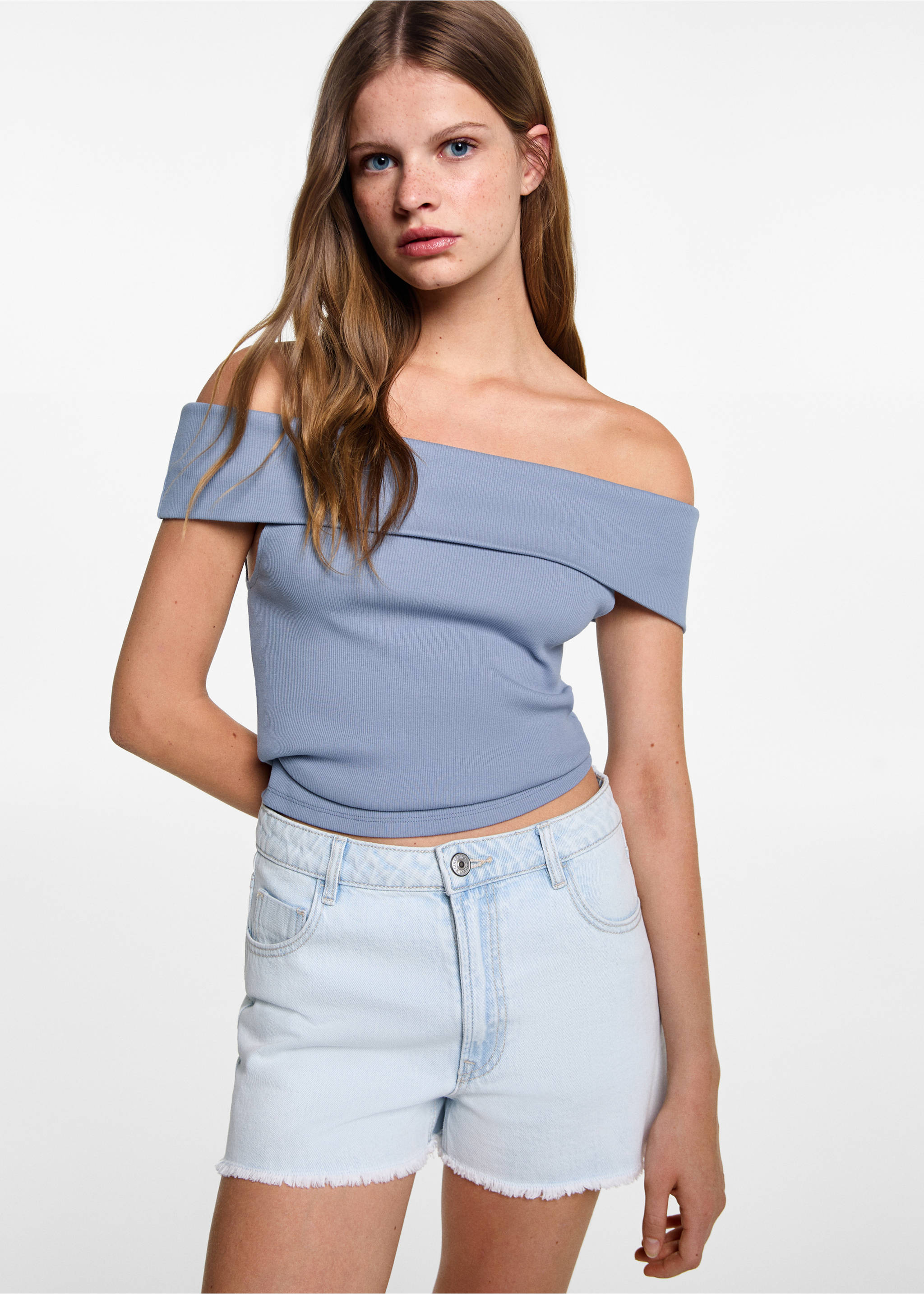Geripptes schulterfreies Top - Mittlere Ansicht, Himmelblau. Ref: 77010620-00.
