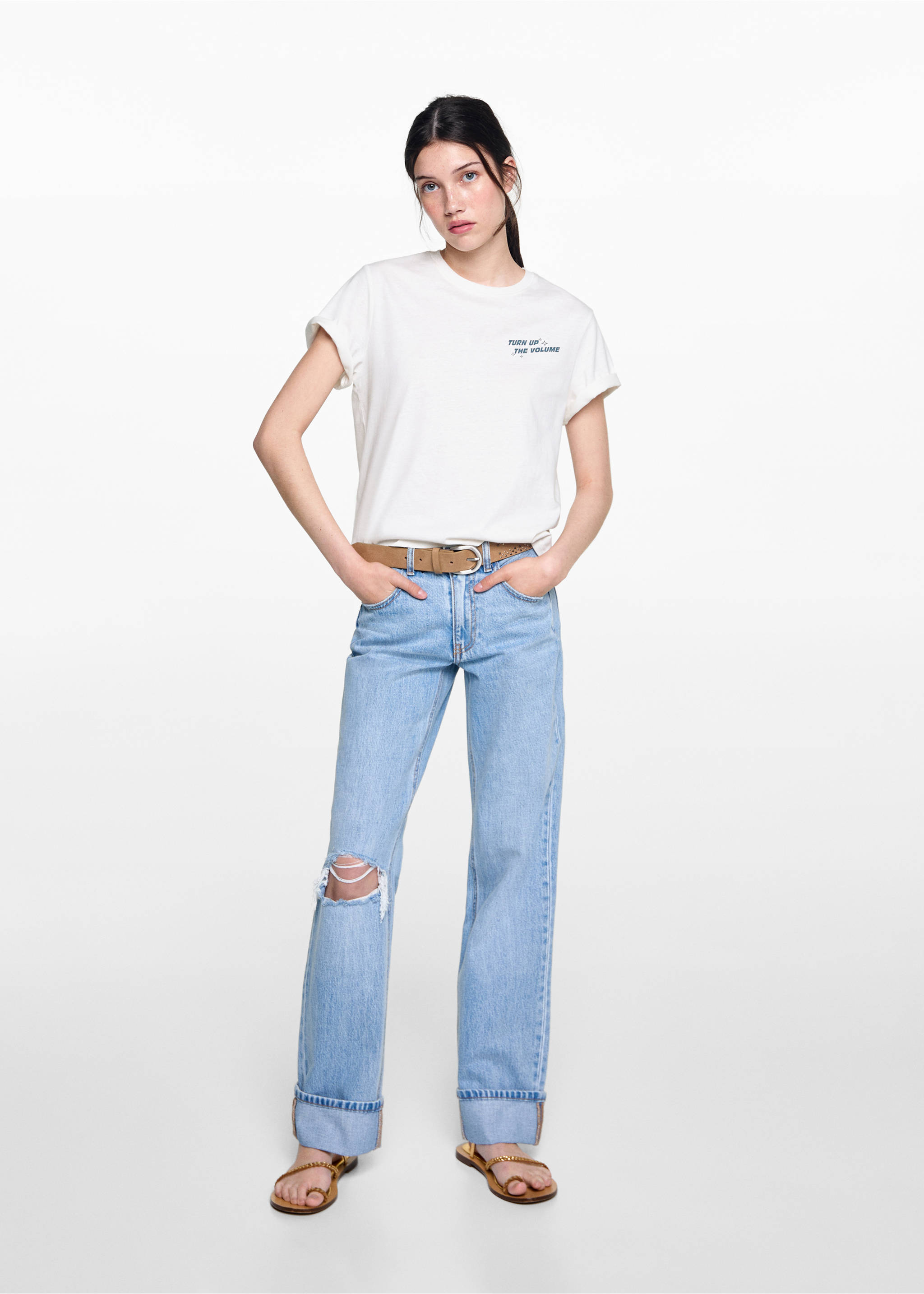 Bawełniany wzorzysty t-shirt - Plan ogólny, Złamana biel. Ref: 77012940-00.