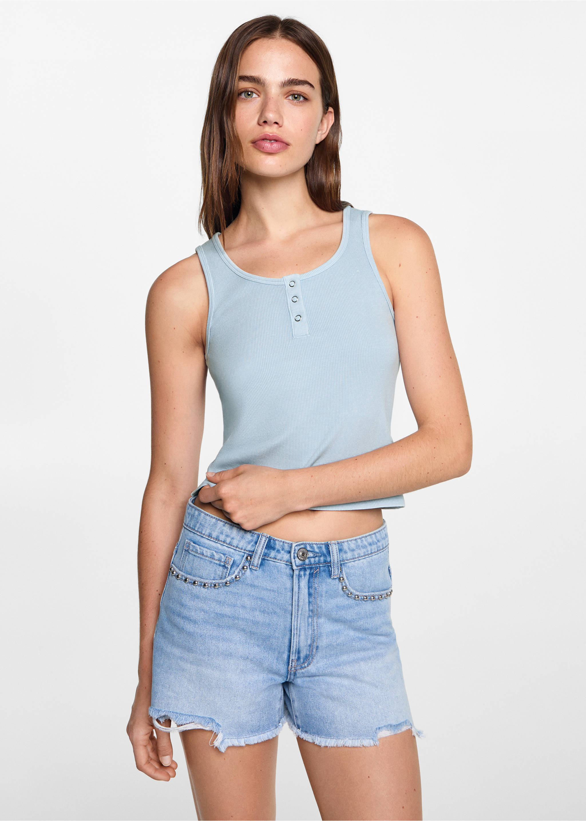 Geripptes Top aus Baumwoll-Mix - Mittlere Ansicht, Himmelblau. Ref: 77012941-00.