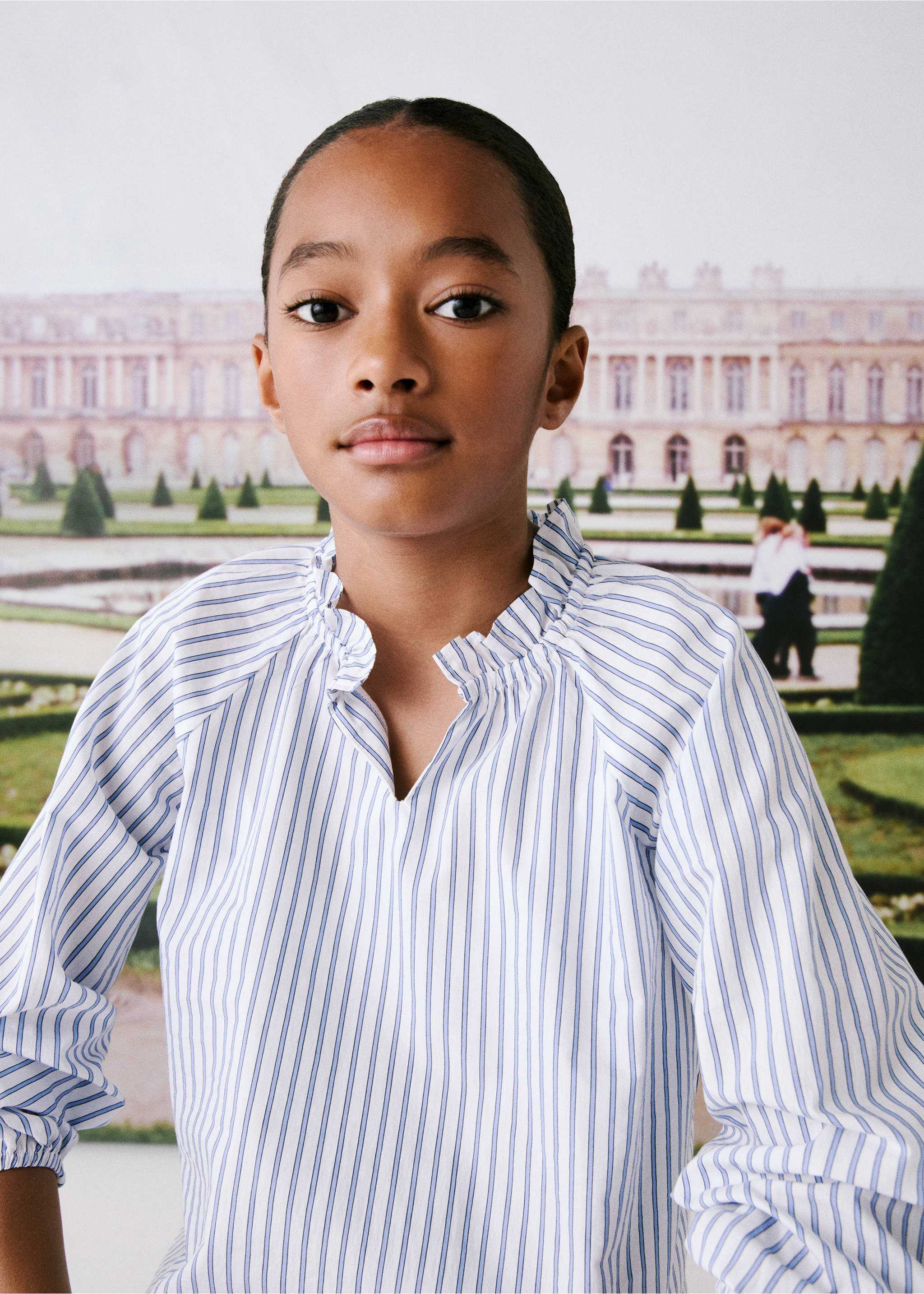 Ruched detail striped blouse - Details of the article 5, Blue. Ref: 77013293-00.