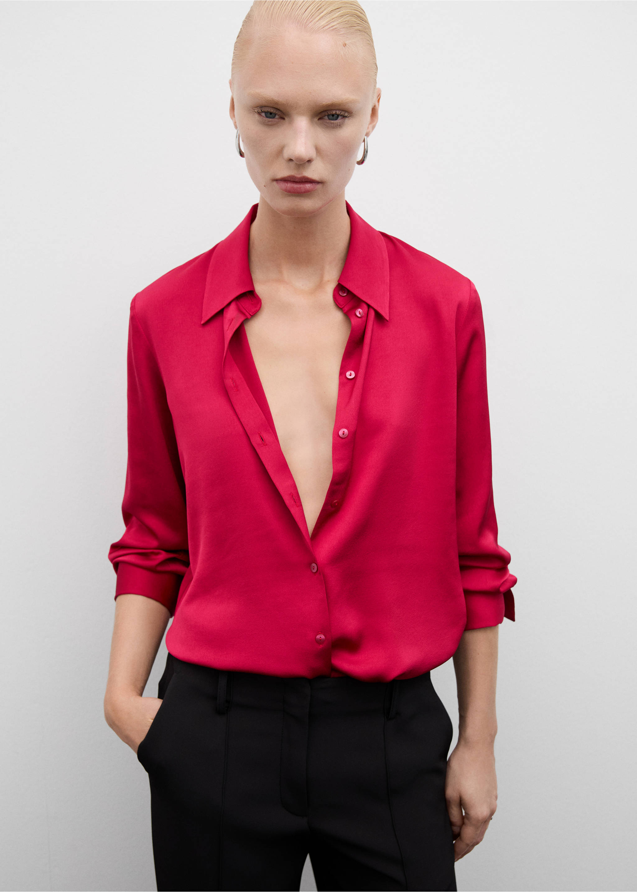 Satin finish flowy shirt - Medium plane, Fuchsia. Ref: 77014032-00.