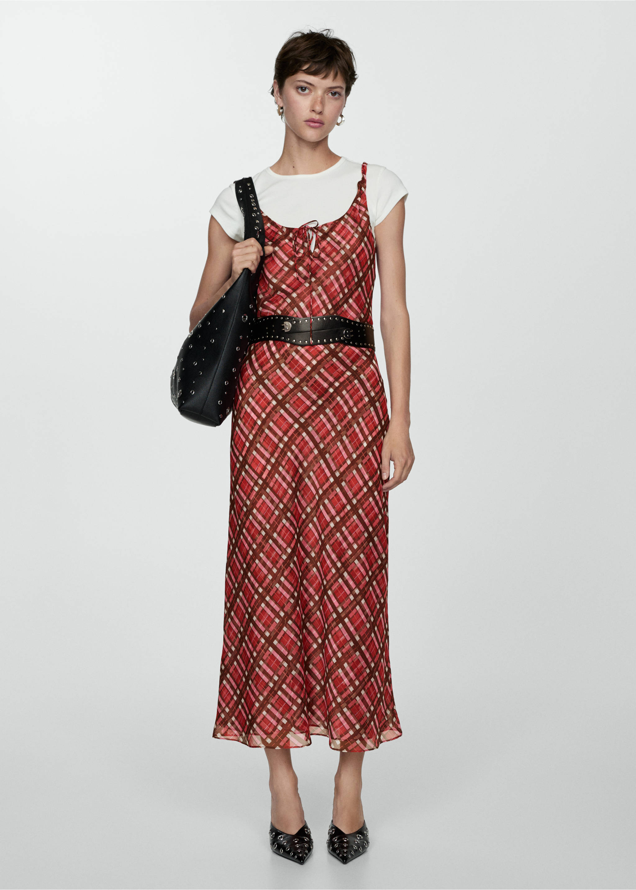 Check long dress - General plane, Maroon. Ref: 77014038-00.