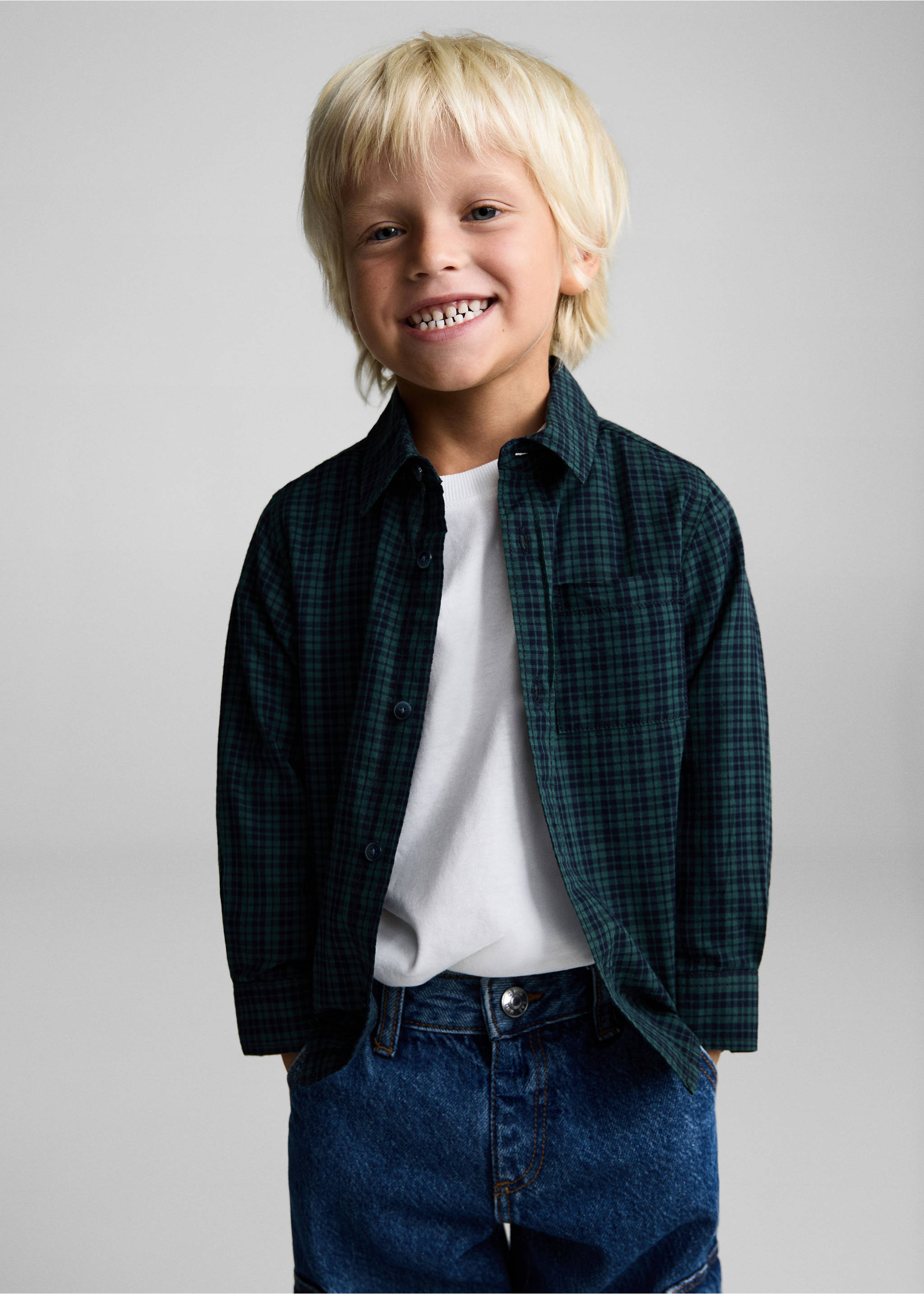 Πουκάμισο βαμβακερό καρό - Μεσαίο πλάνο, Πράσινο Σκούρο. Ref: 77014783-00.