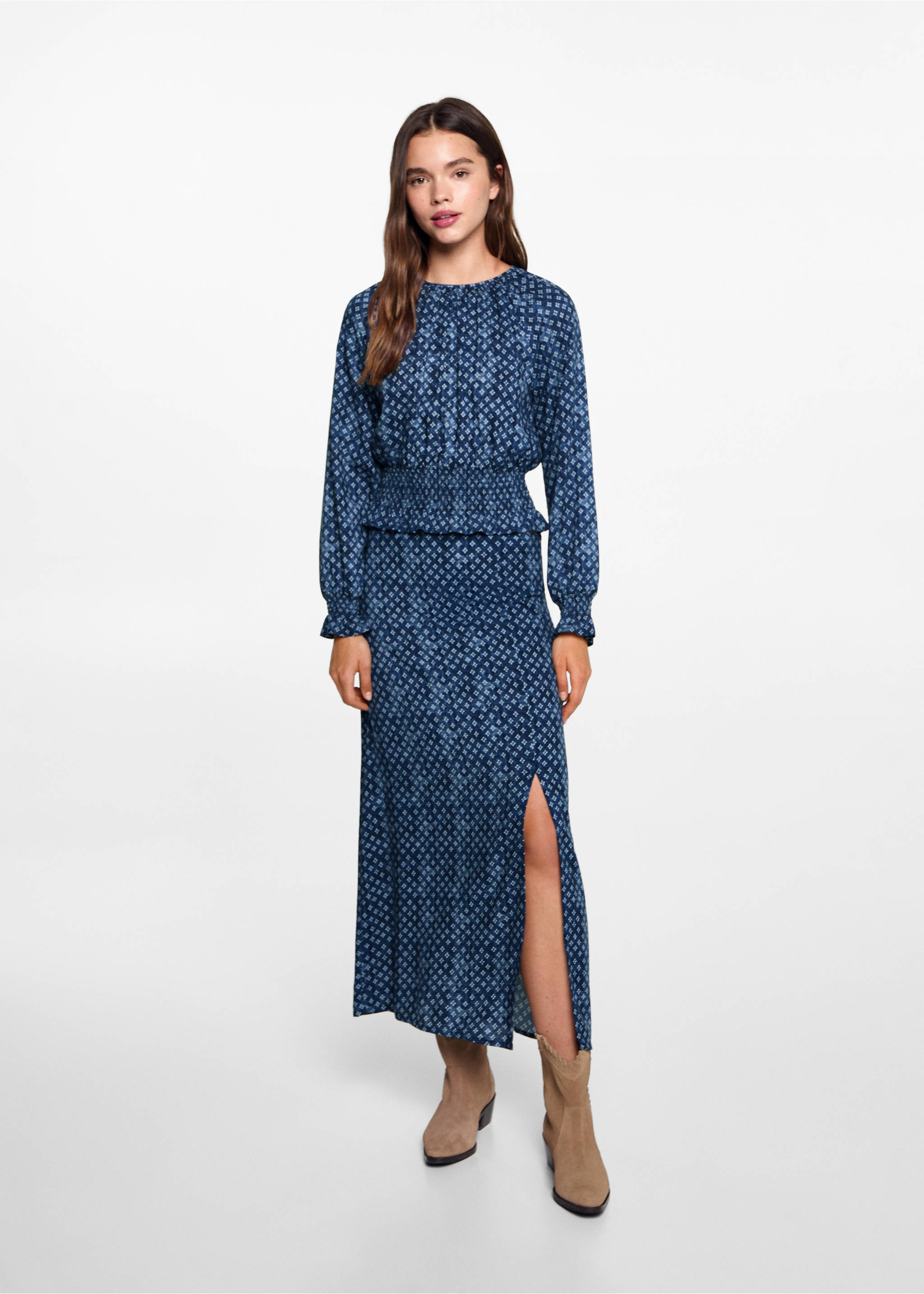 Blusa estampada fruncido - Plano general, Azul marino oscuro. Ref: 77014788-00.