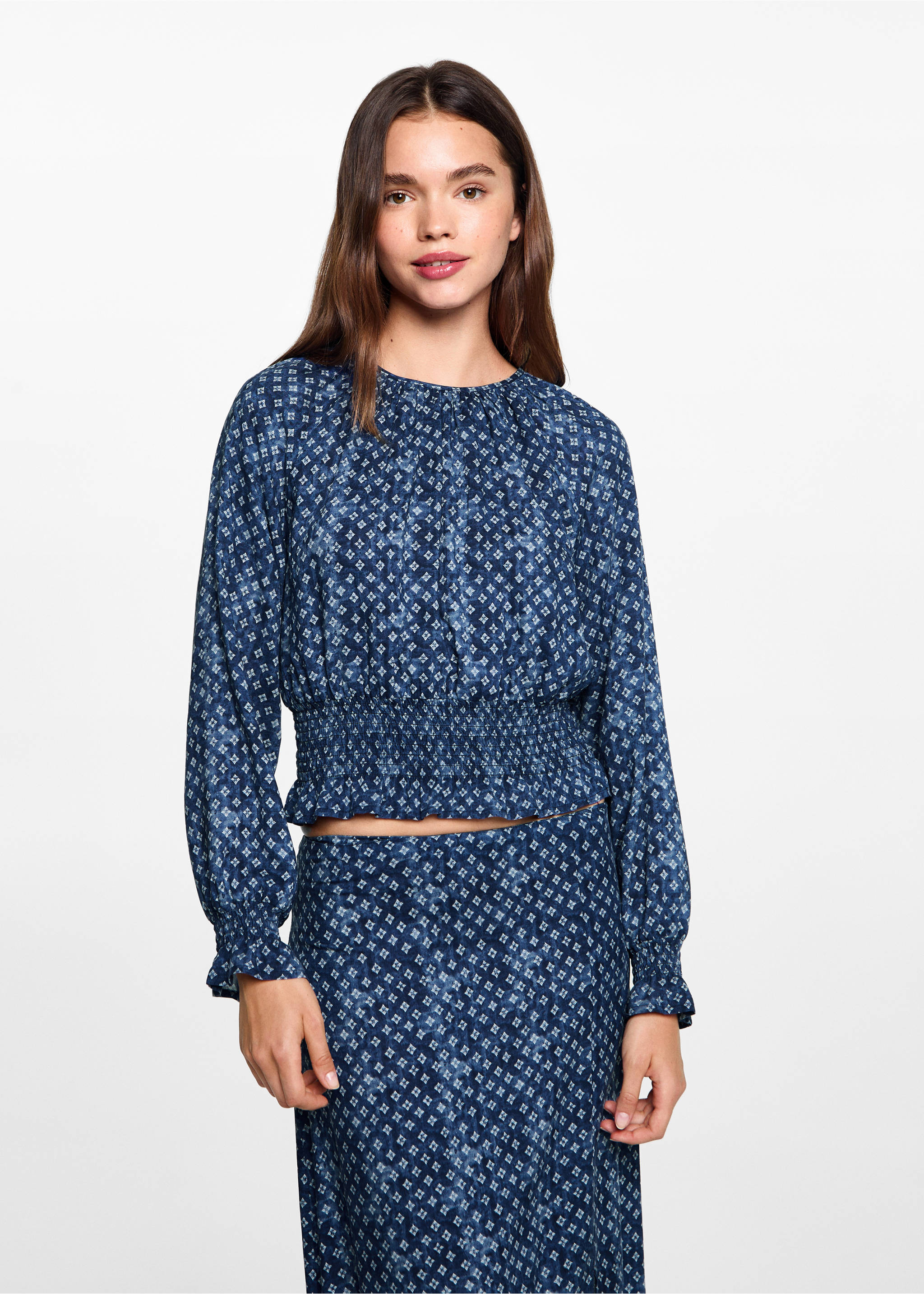 Blusa estampada fruncido - Plano medio, Azul marino oscuro. Ref: 77014788-00.