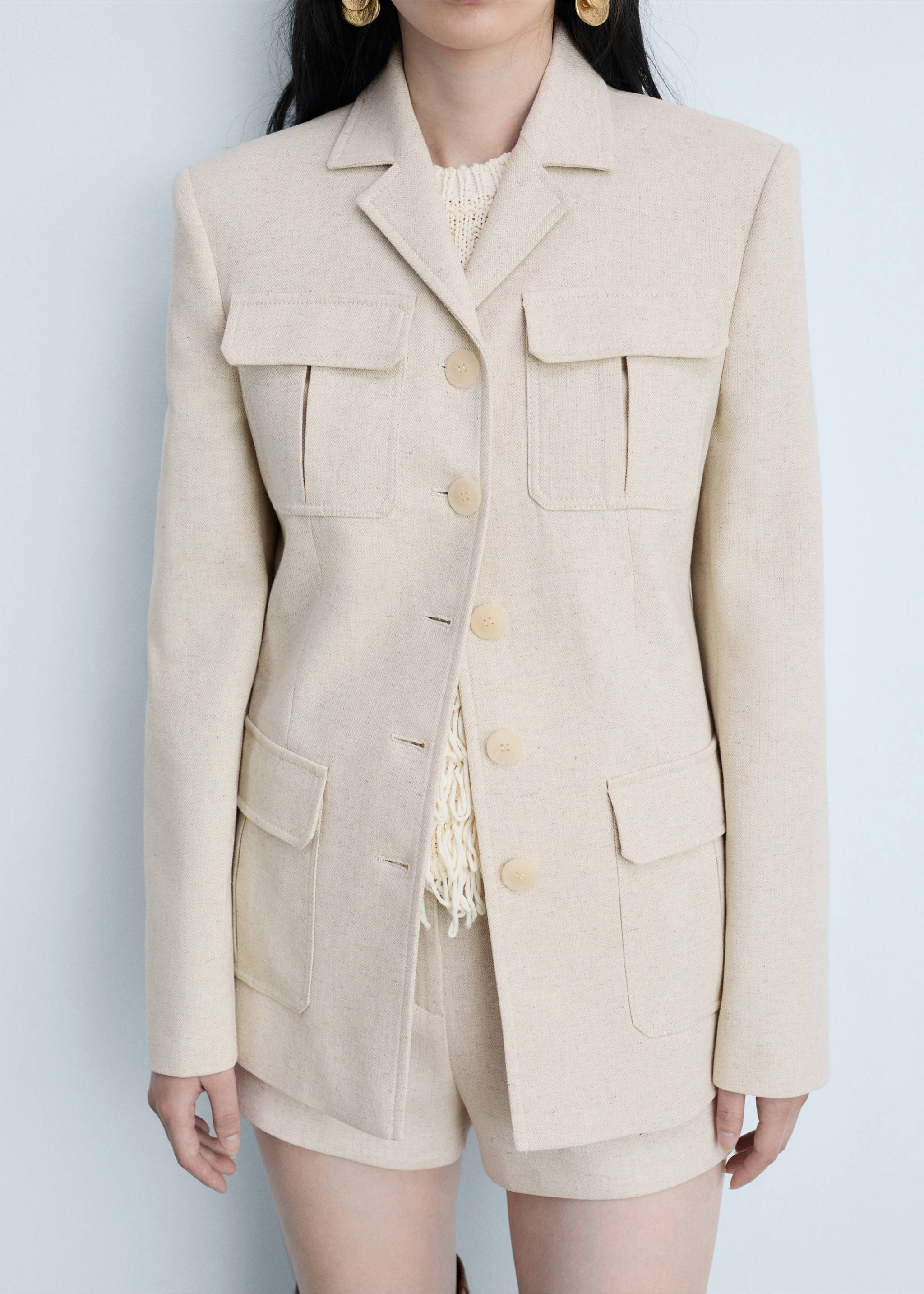 Linen-cotton tailored jacket with pockets - Medium plane, Beige. Ref: 77014795-00.