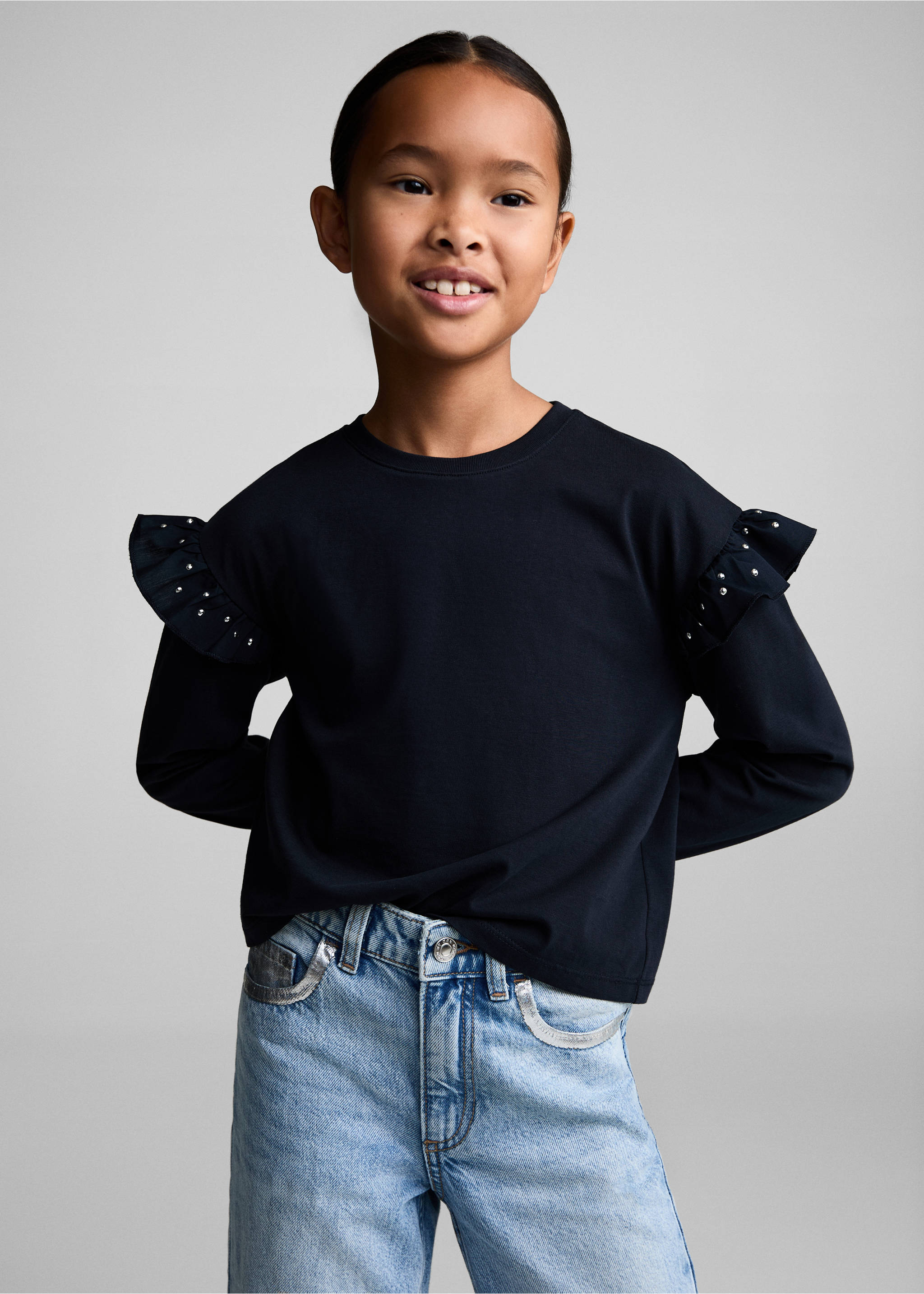T-shirt with studded ruffles - Medium plane, Dark Navy. Ref: 77014801-00.