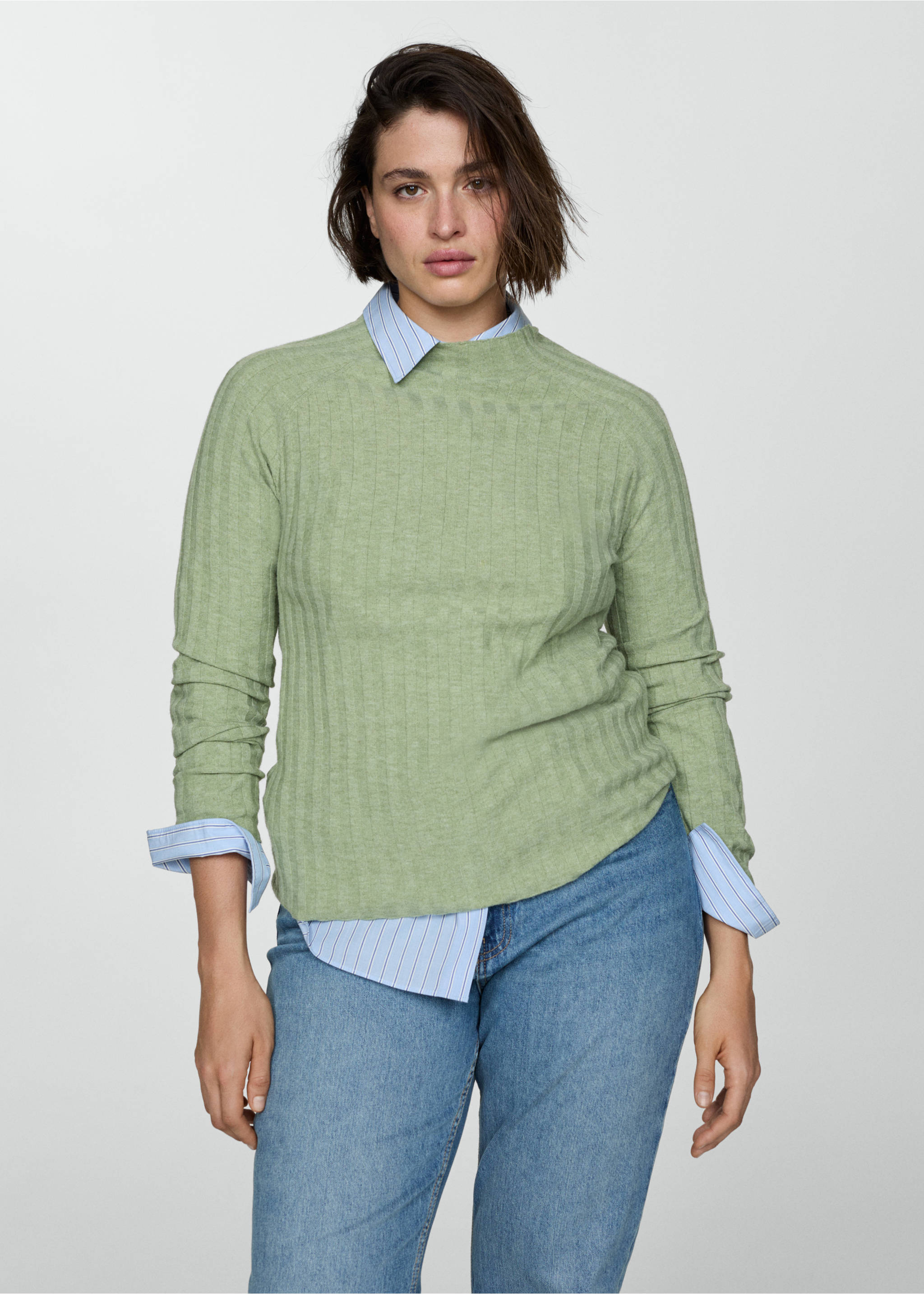 Ribbed sweater with perkins neck - Details of the article 5, Pastel Green. Ref: 77015651-00.