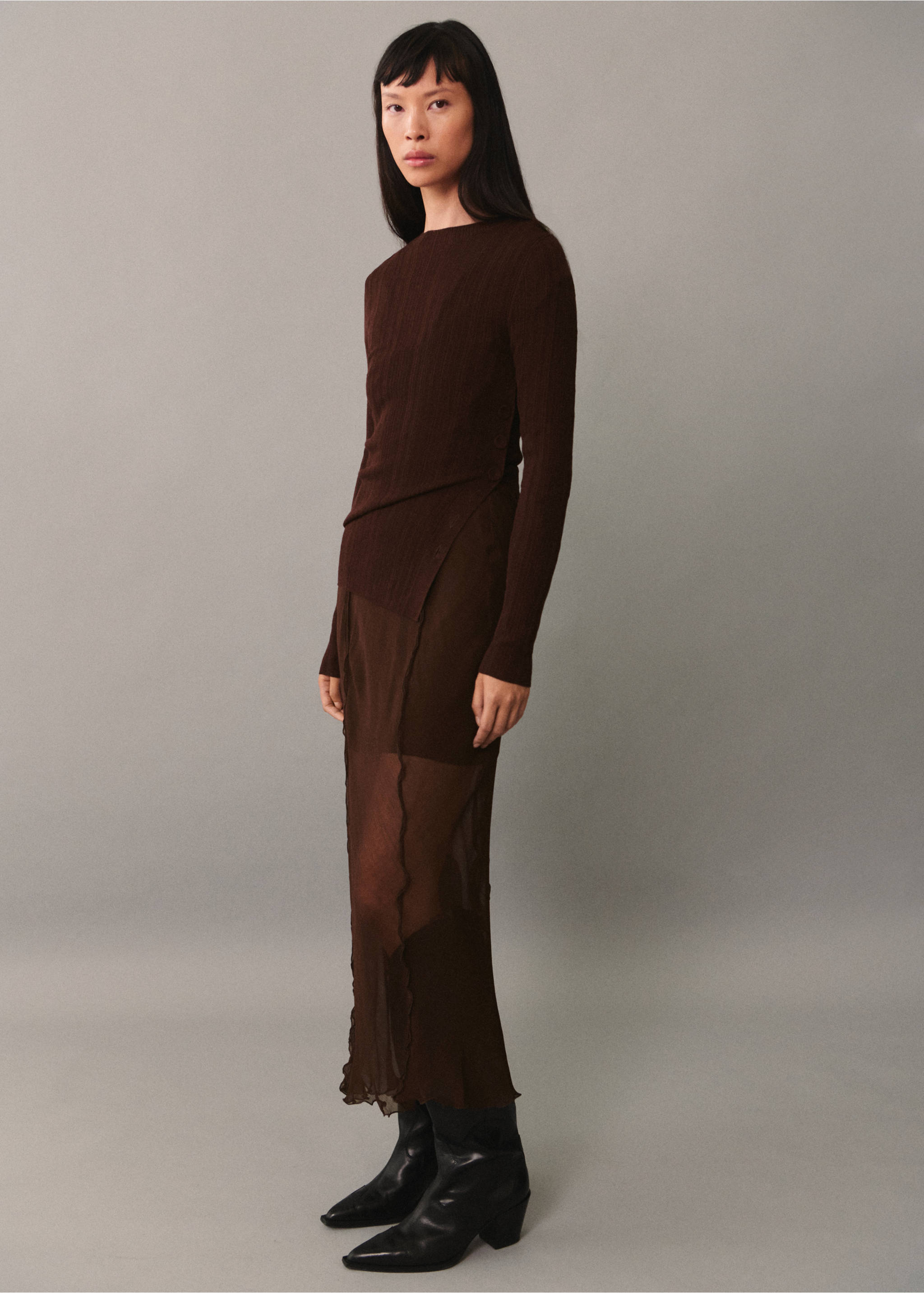 Semi-transparent t-shirt with button detail - General plane, Chocolate. Ref: 77015657-00.