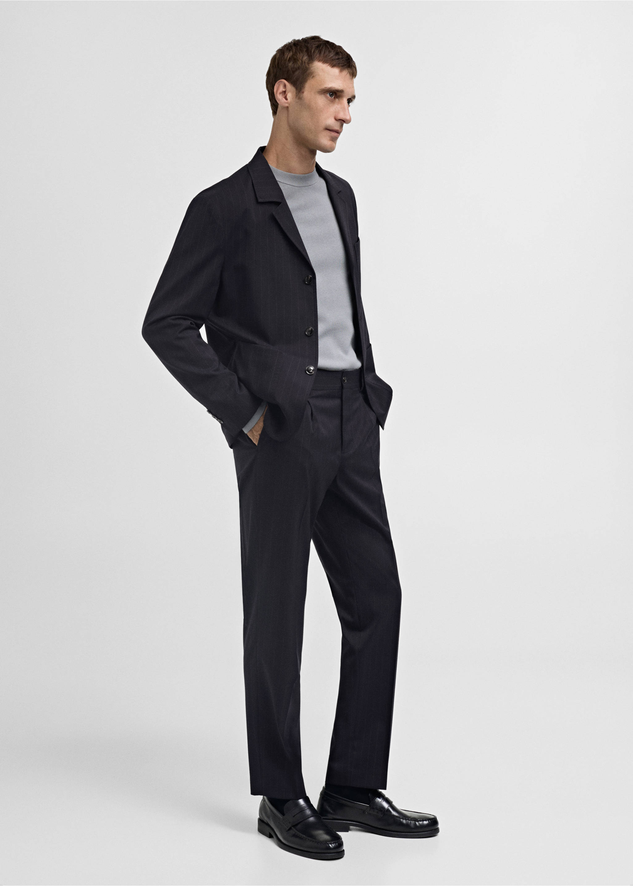 Wool slim-fit suit trousers with stripes - General plane, Dark Navy. Ref: 77015974-00.