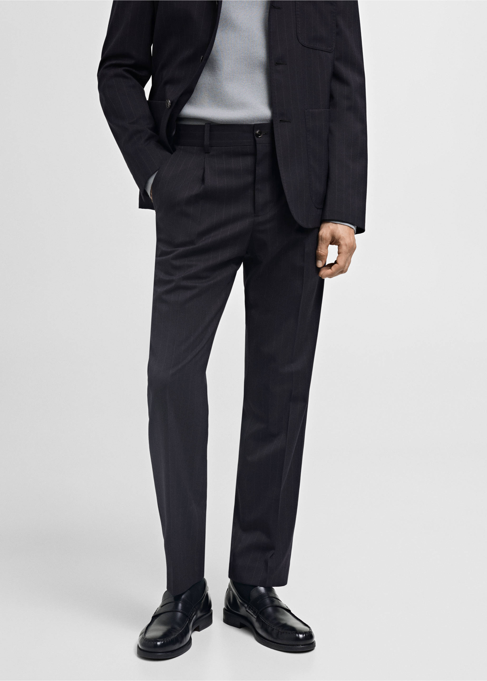 Wool slim-fit suit trousers with stripes - Medium plane, Dark Navy. Ref: 77015974-00.