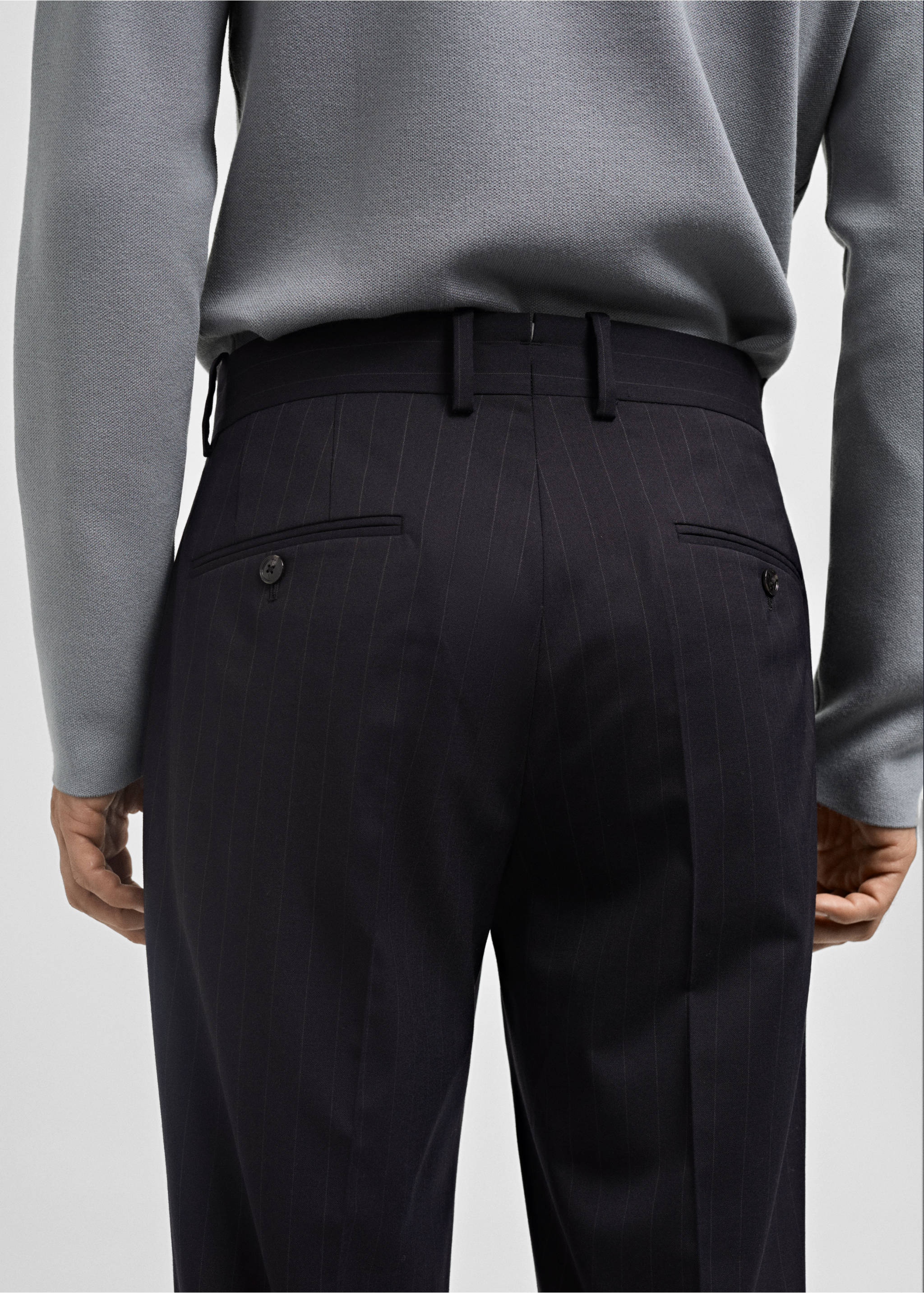 Wool slim-fit suit trousers with stripes - Details of the article 3, Dark Navy. Ref: 77015974-00.