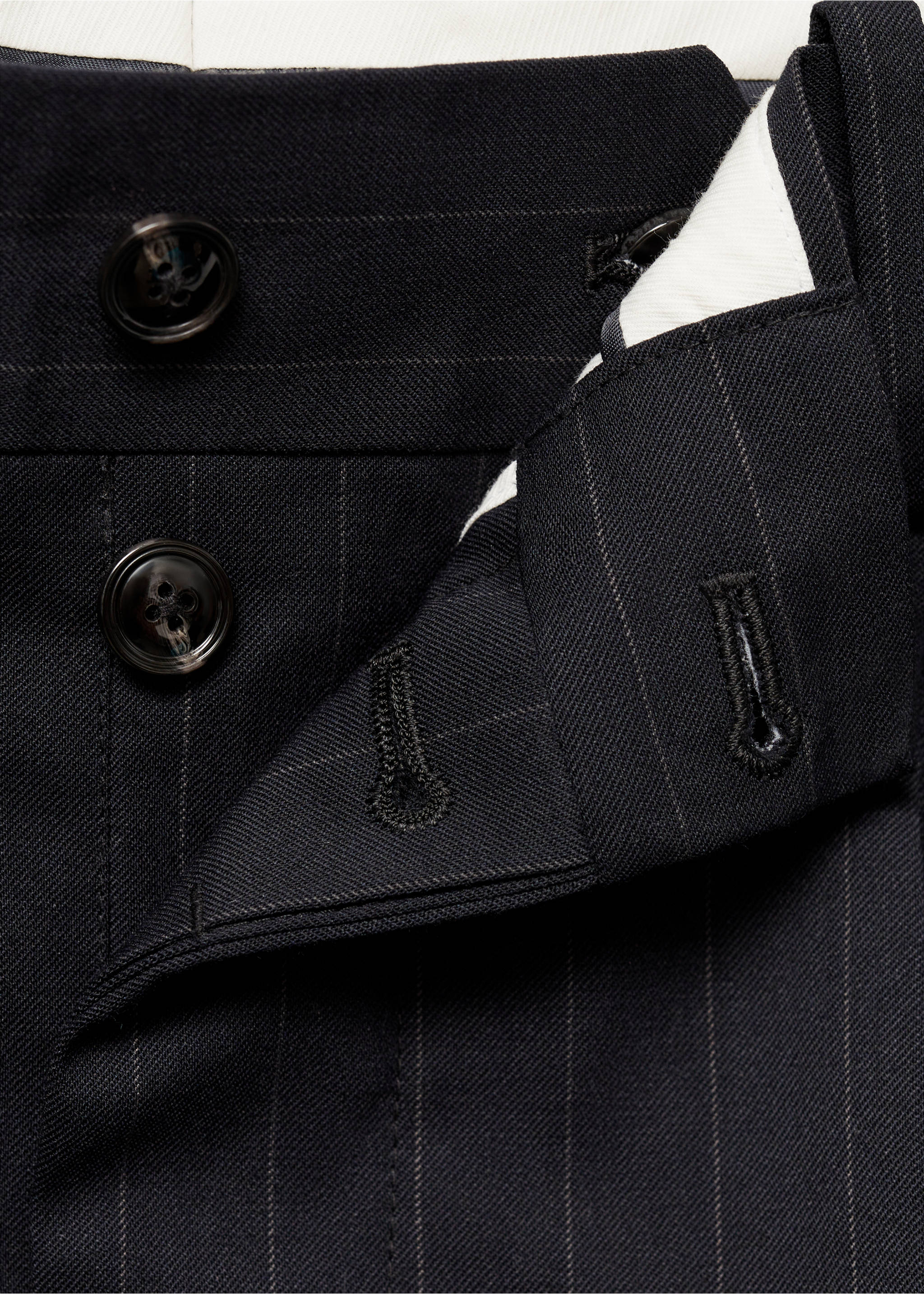 Wool slim-fit suit trousers with stripes - Details of the article 8, Dark Navy. Ref: 77015974-00.