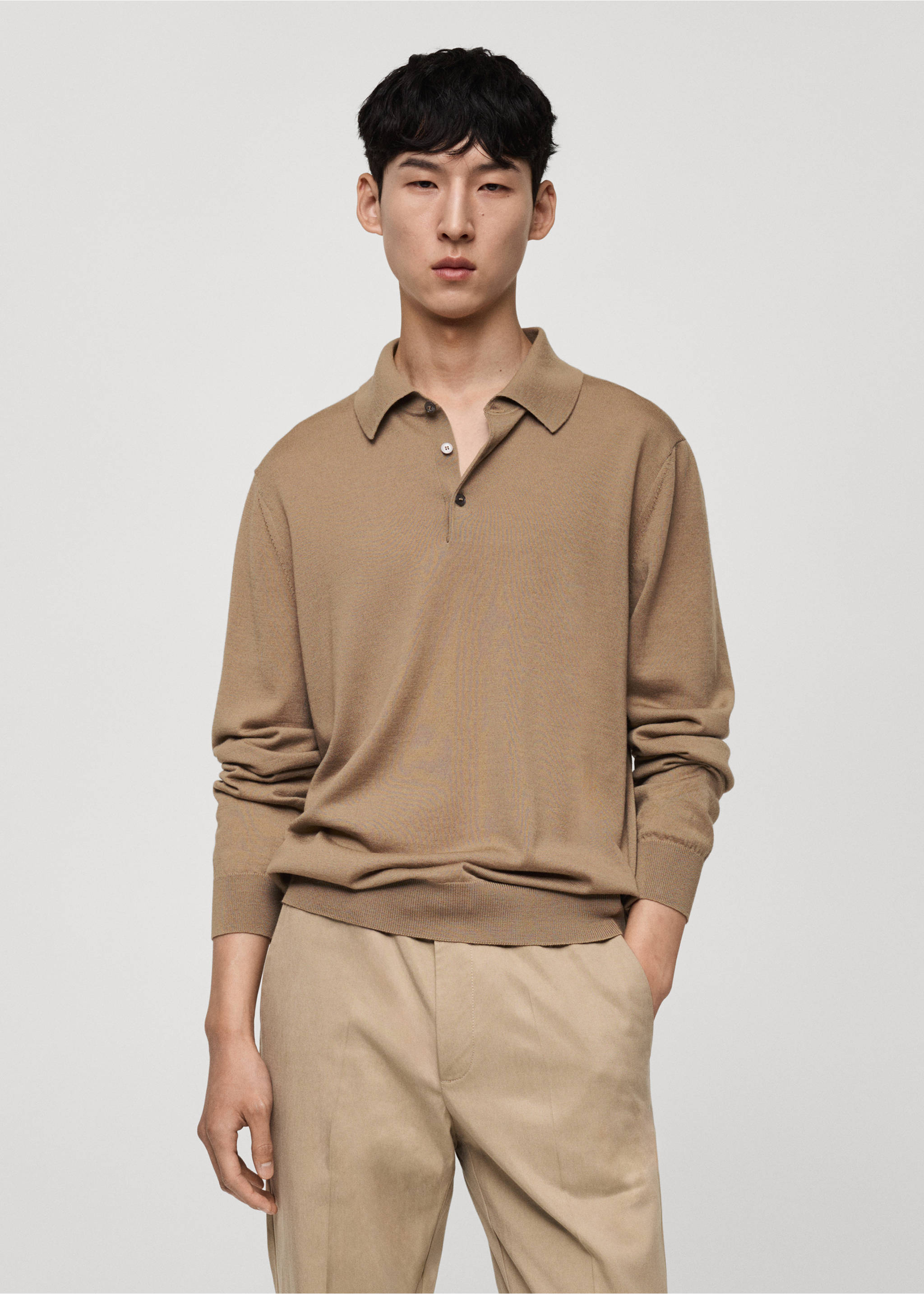 100% merino wool long-sleeved polo shirt - Medium plane, Sand. Ref: 77015976-00.
