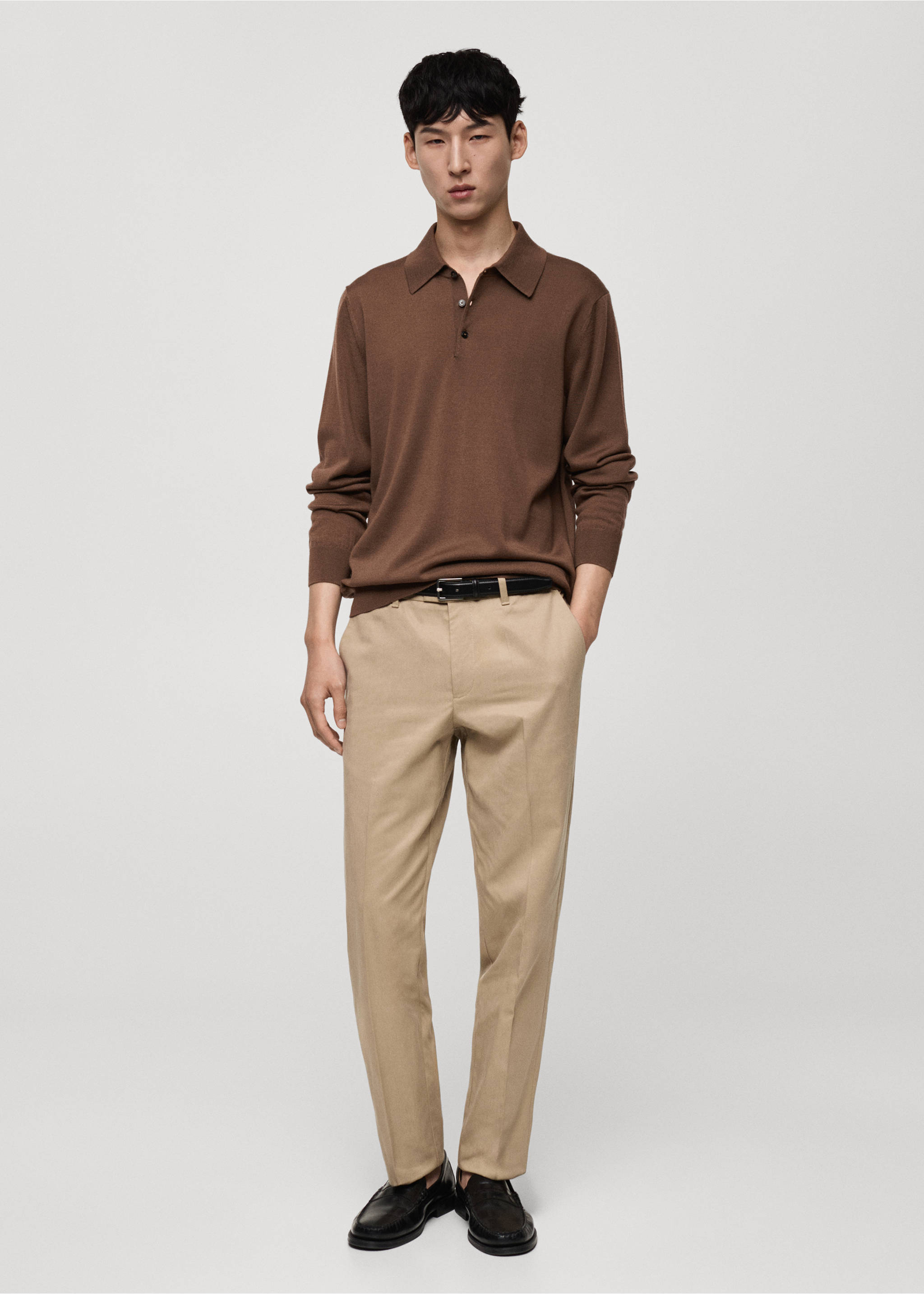 100% merino wool long-sleeved polo shirt - General plane, Medium Brown. Ref: 77015976-00.