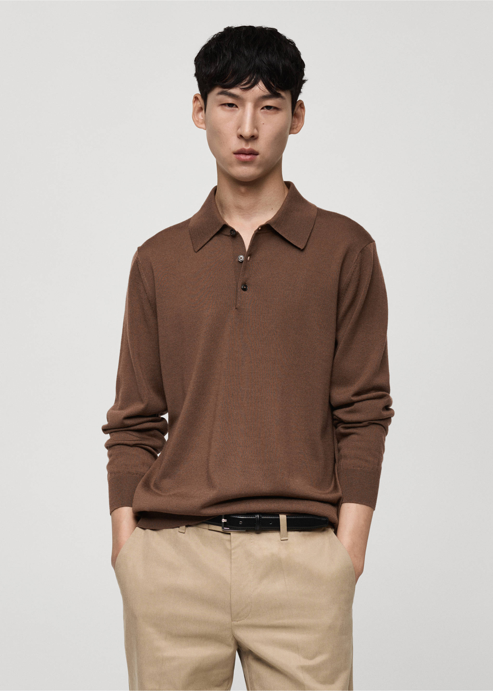 100% merino wool long-sleeved polo shirt - Medium plane, Medium Brown. Ref: 77015976-00.