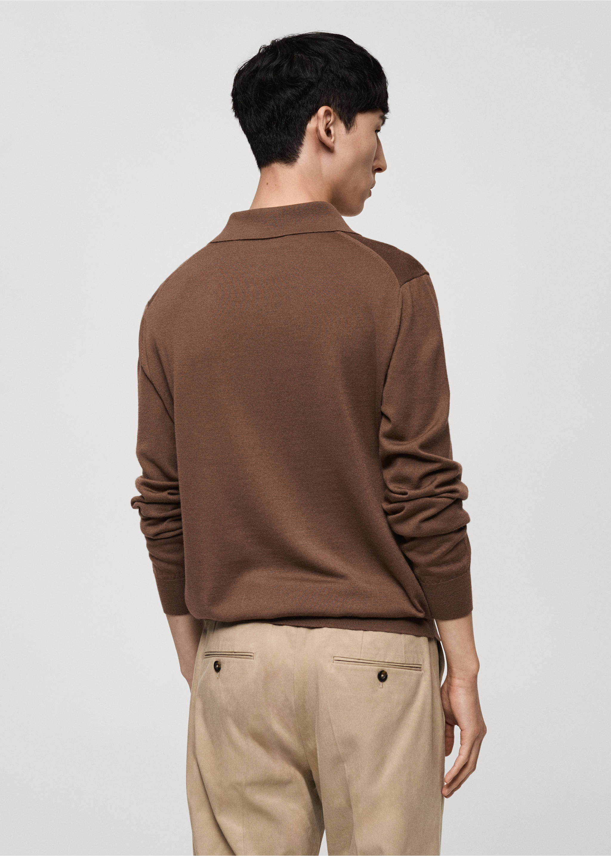 100% merino wool long-sleeved polo shirt - Reverse of the article, Medium Brown. Ref: 77015976-00.