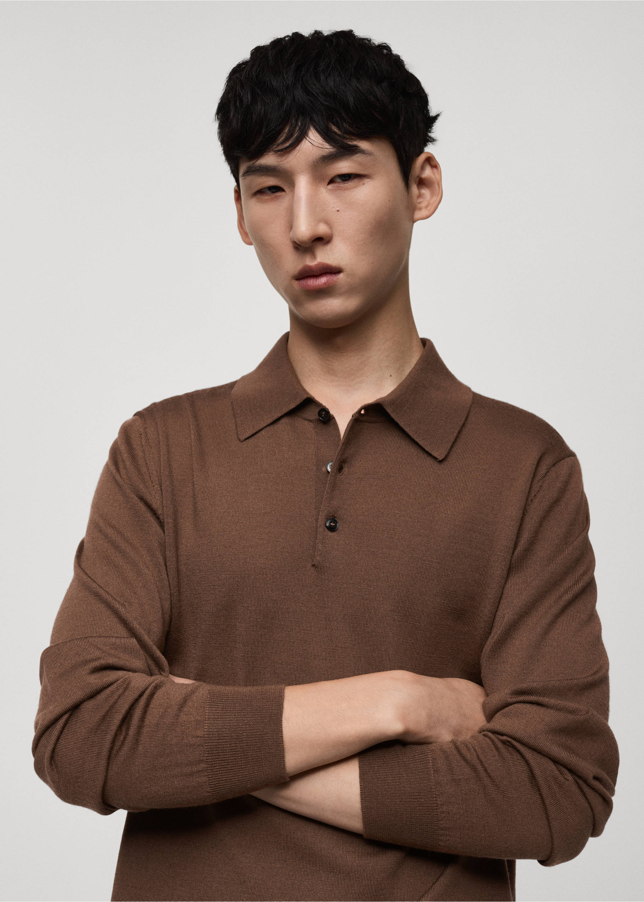 100% merino wool long-sleeved polo shirt - Details of the article 1, Medium Brown. Ref: 77015976-00.