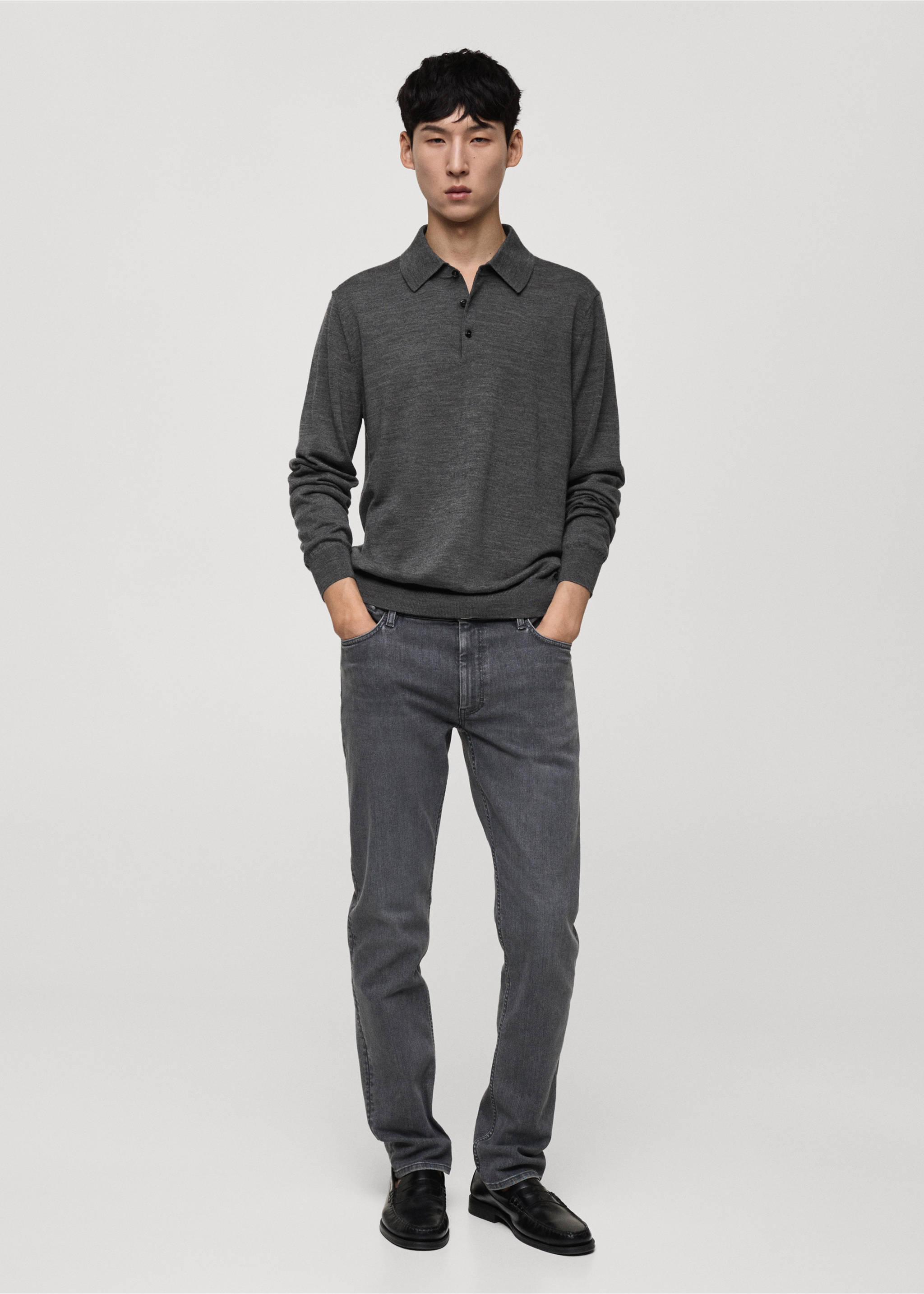 100% merino wool long-sleeved polo shirt - General plane, Dark Heather Grey. Ref: 77015976-00.