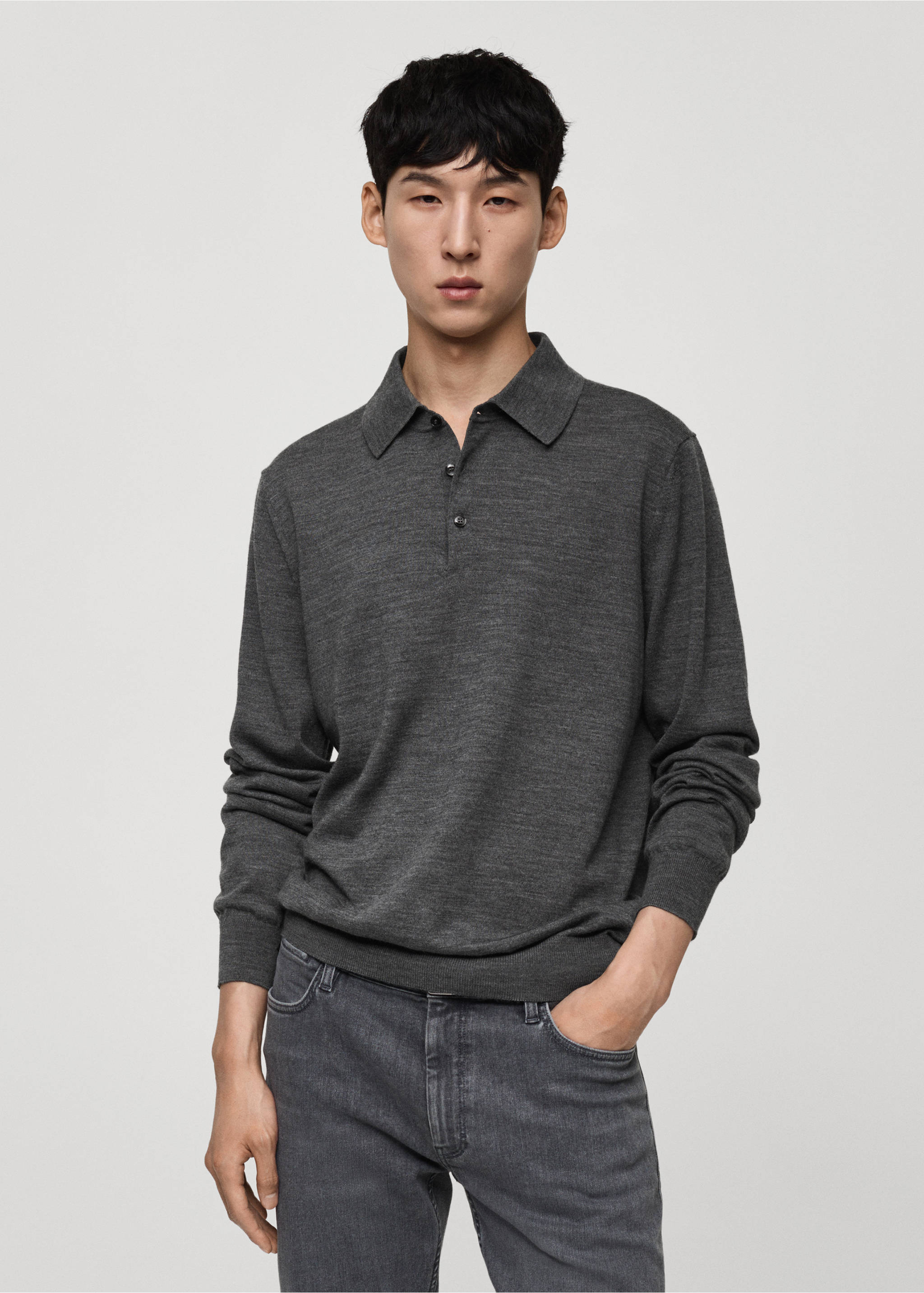 100% merino wool long-sleeved polo shirt - Medium plane, Dark Heather Grey. Ref: 77015976-00.