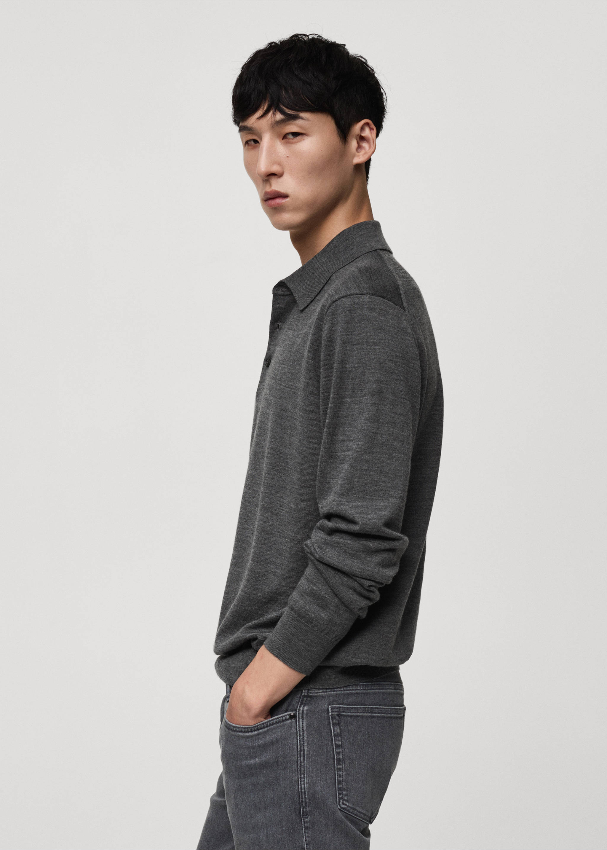 100% merino wool long-sleeved polo shirt - Details of the article 2, Dark Heather Grey. Ref: 77015976-00.