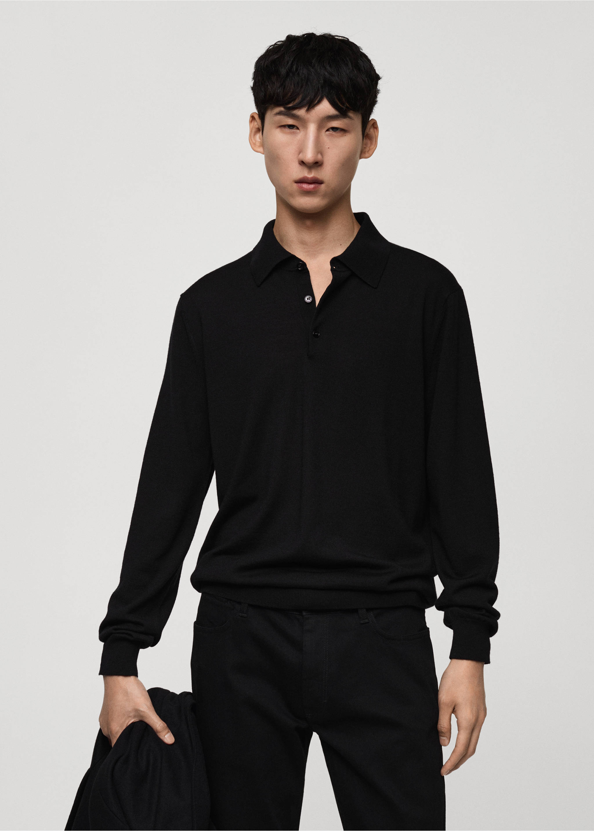 Polokošile ze 100% vlny merino s dlouhými rukávy - Náhled ve středové rovině, Černá. Ref: 77015976-00.