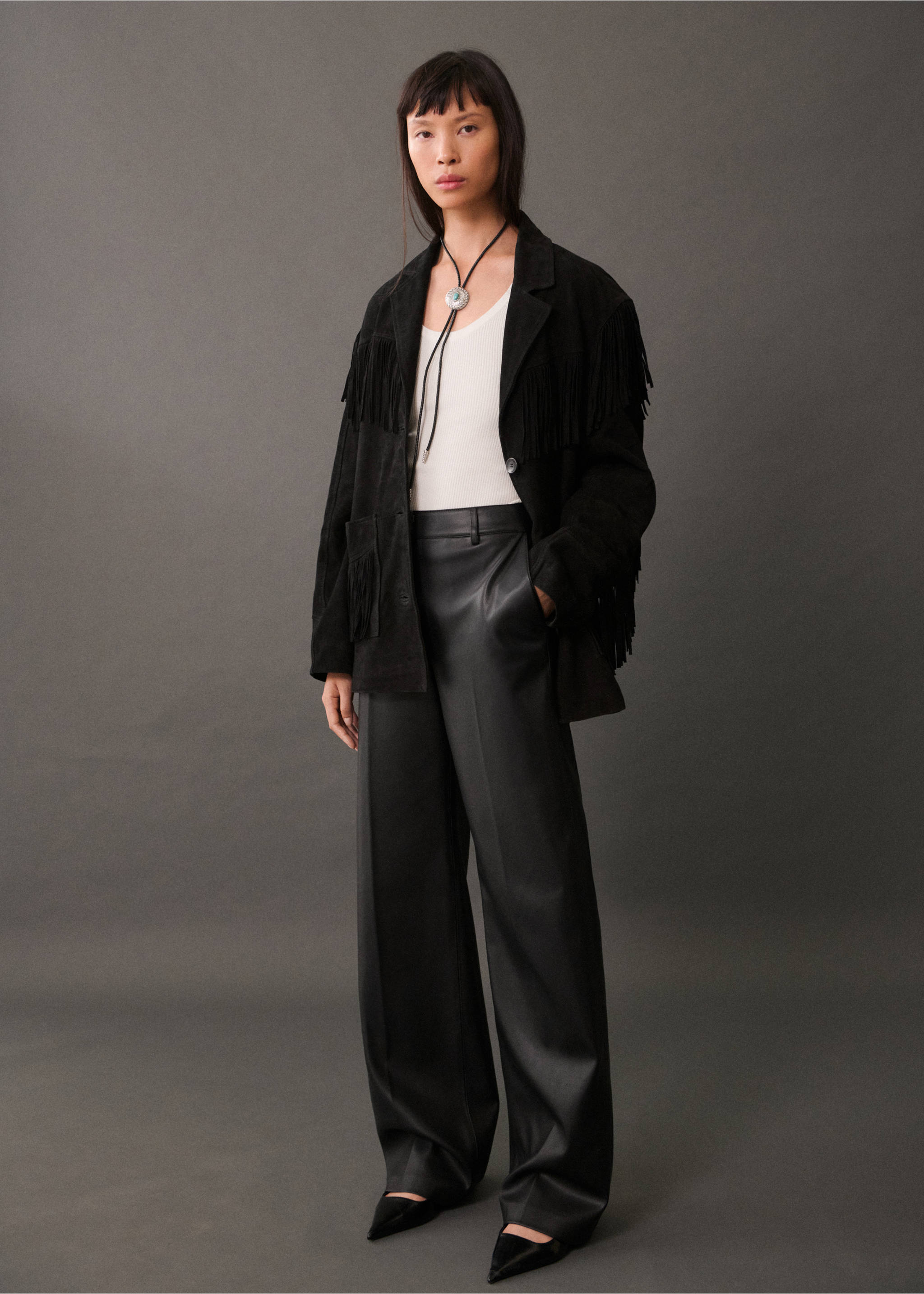 Wideleg broek van imitatieleer - Overzichtstekening, Zwart. Ref: 77016734-00.
