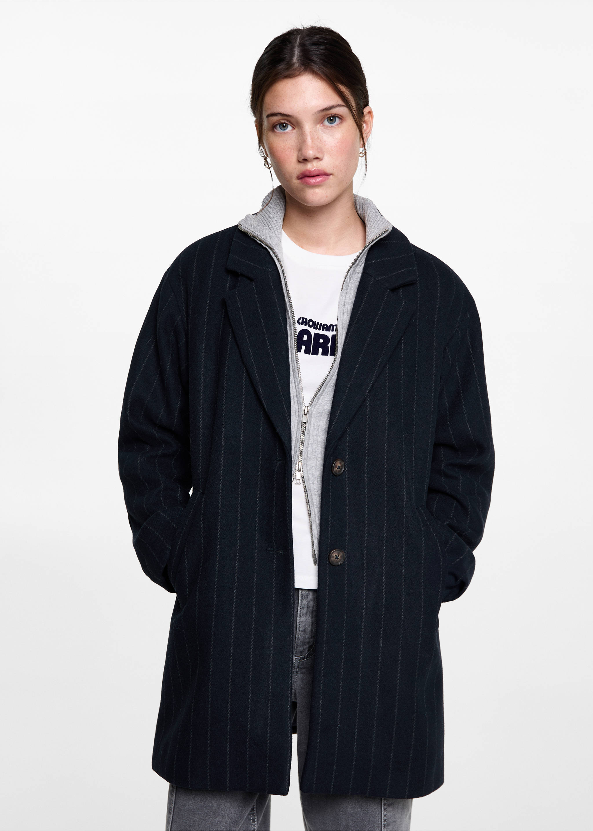 Striped wool coat - Medium plane, Dark Navy. Ref: 77016742-00.
