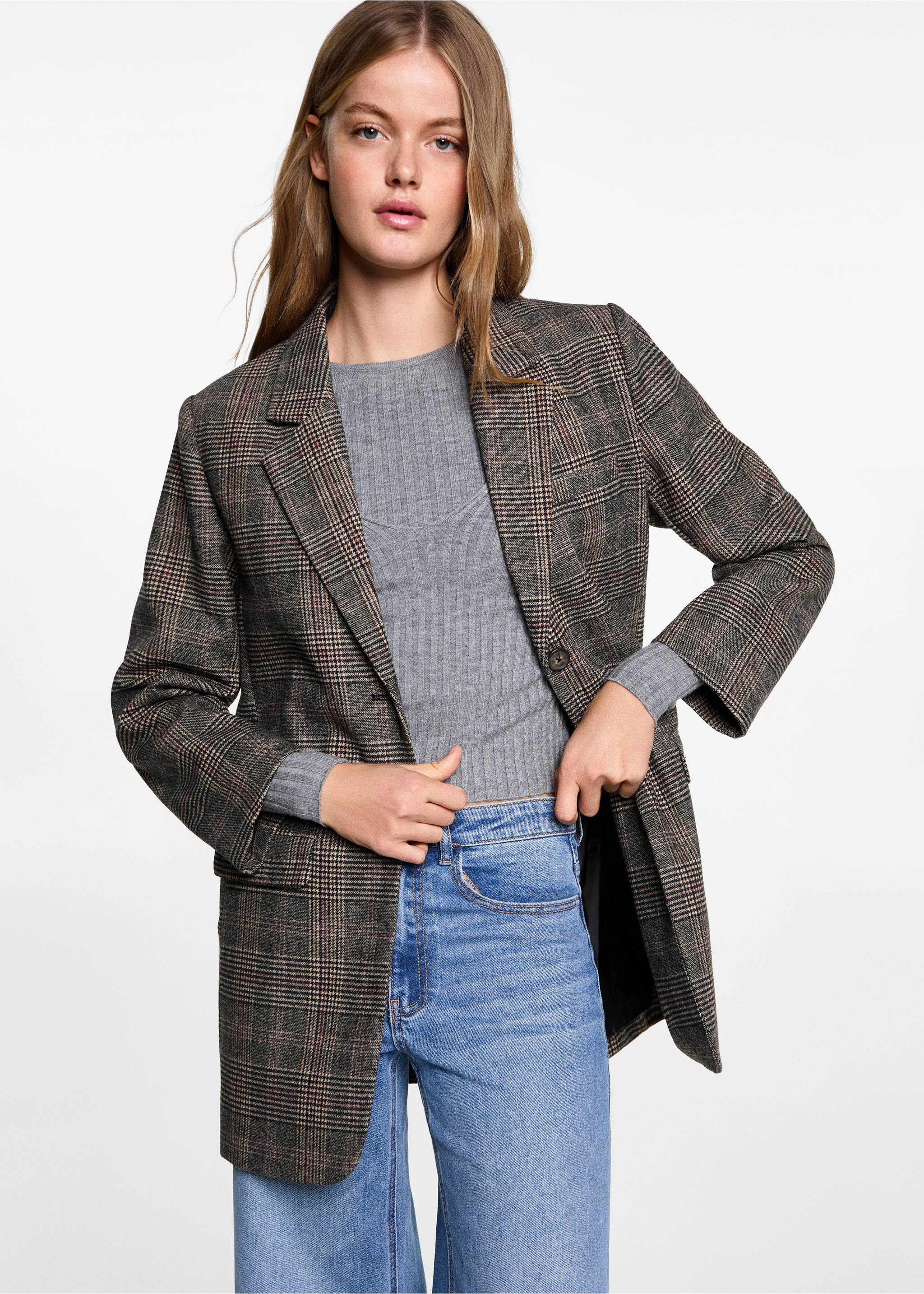 Karierter Mantel aus Woll-Mix - Mittlere Ansicht, Mittelbraun. Ref: 77016743-00.