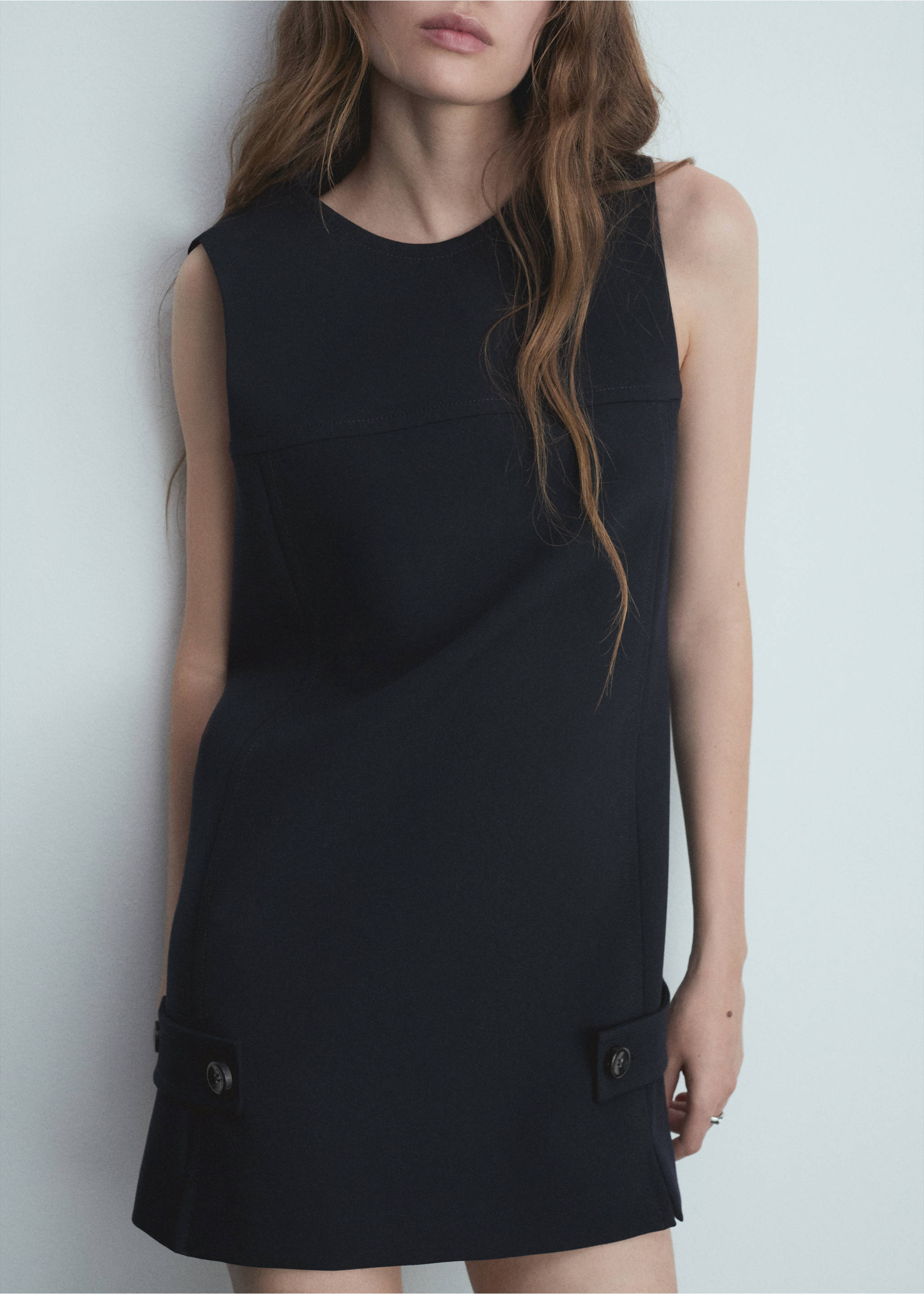 Short dress with decorative buttons - Details of the article 1, Dark Navy. Ref: 77016762-00.