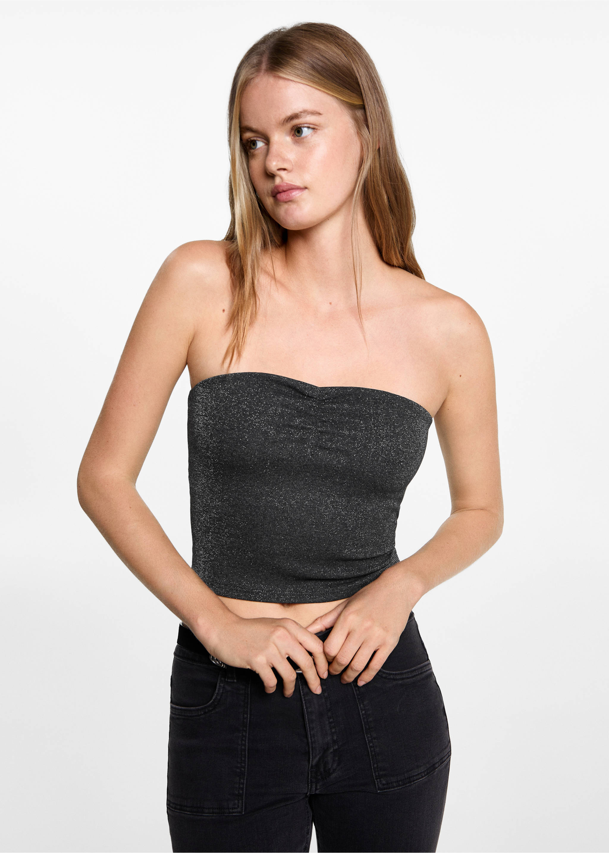 Crop-Top aus Lurex - Mittlere Ansicht, Schwarz. Ref: 77016765-00.