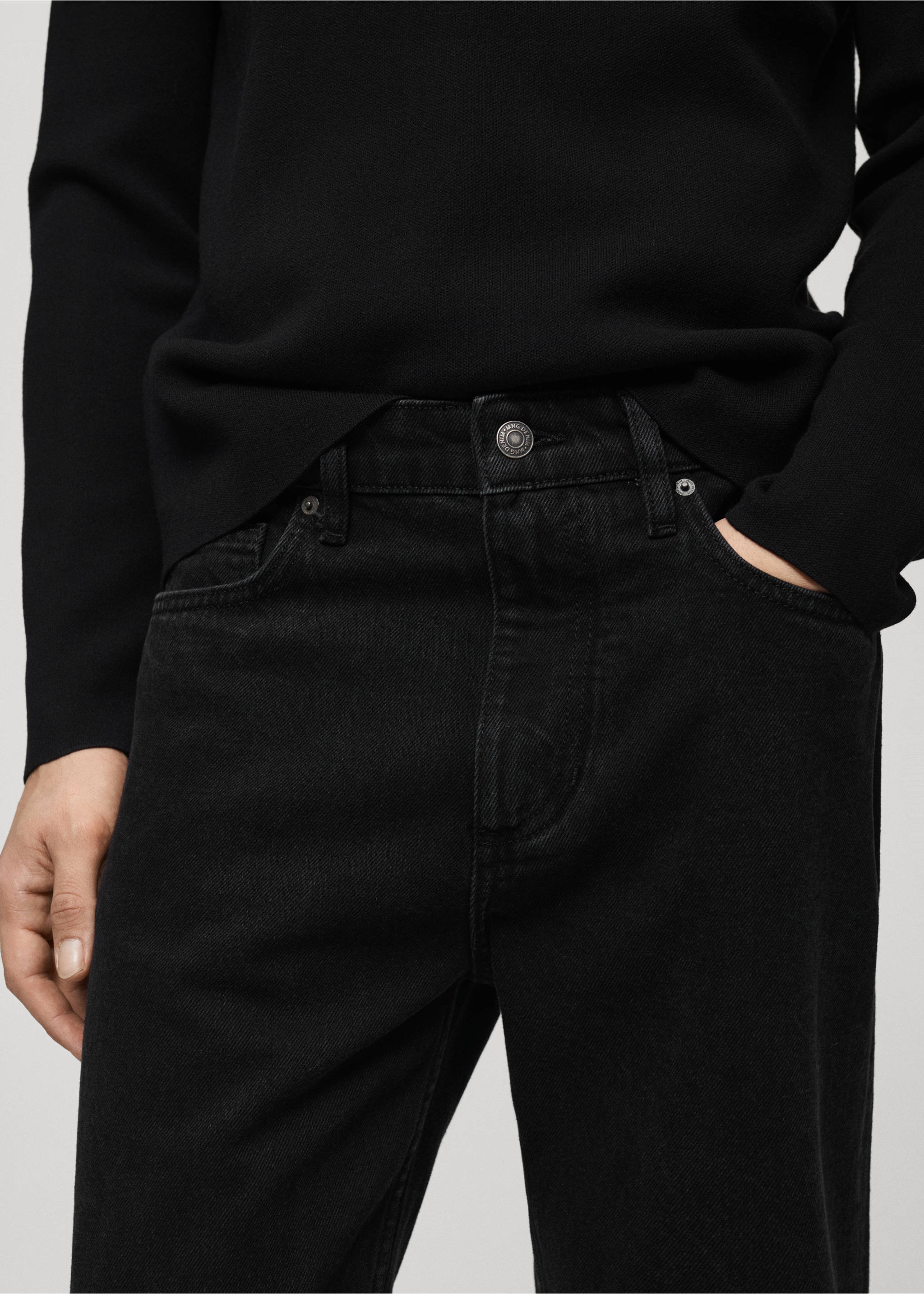 Black tapered-fit jeans - Details of the article 1, Black denim. Ref: 77016767-00.