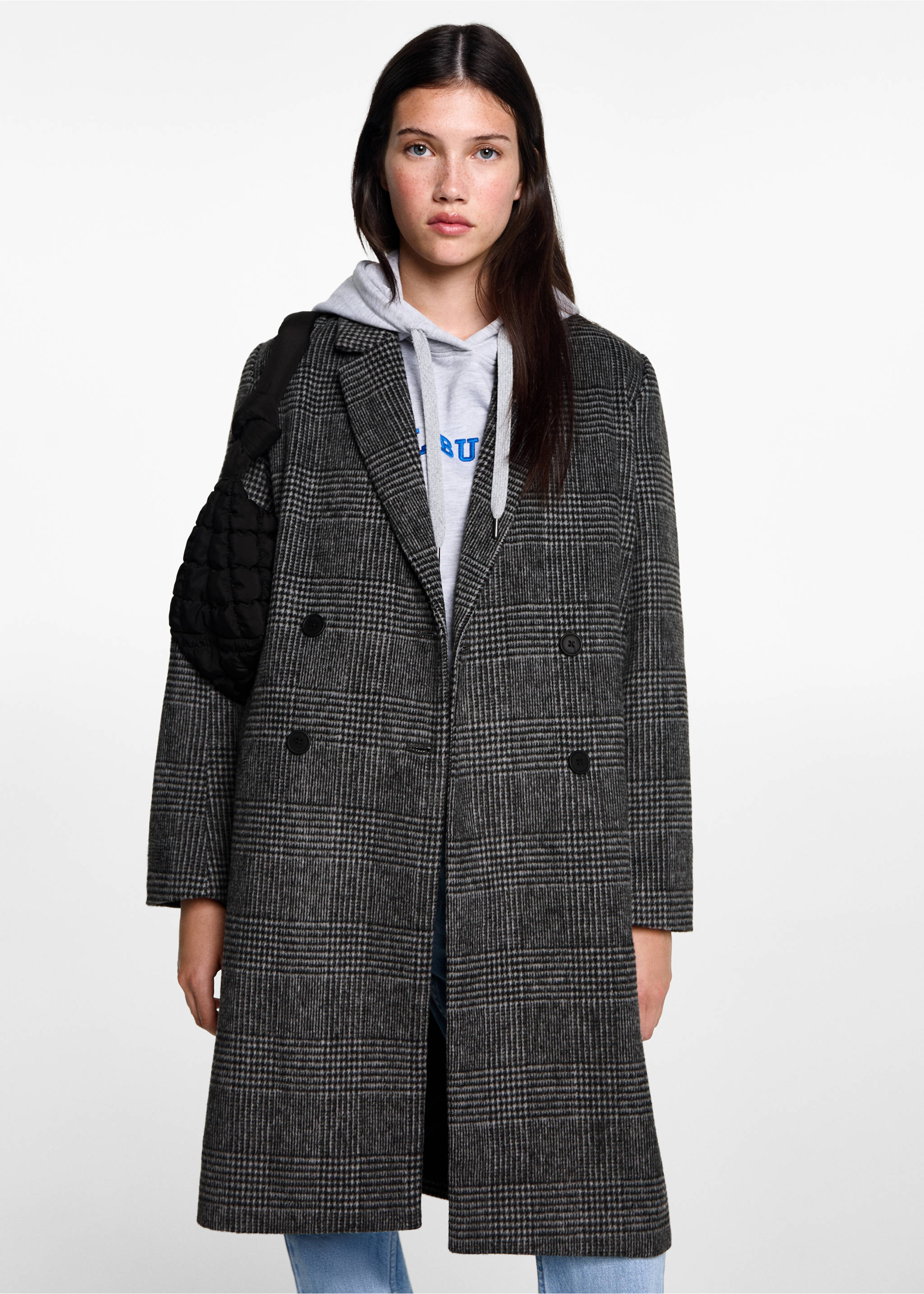 Checked wool-blend overcoat - Medium plane, Grey. Ref: 77017115-00.