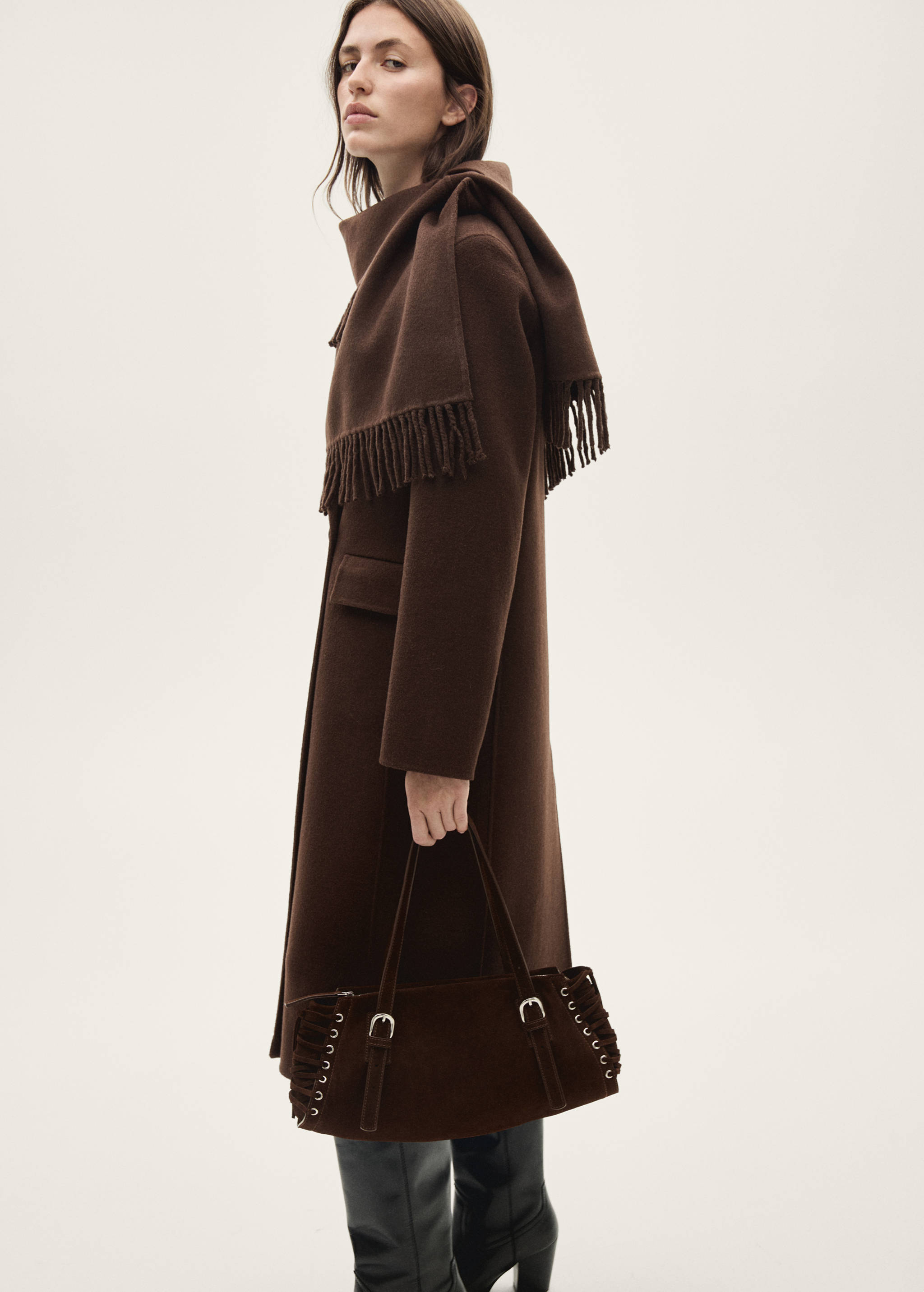 Wool coat with fringed scarf - Medium plane