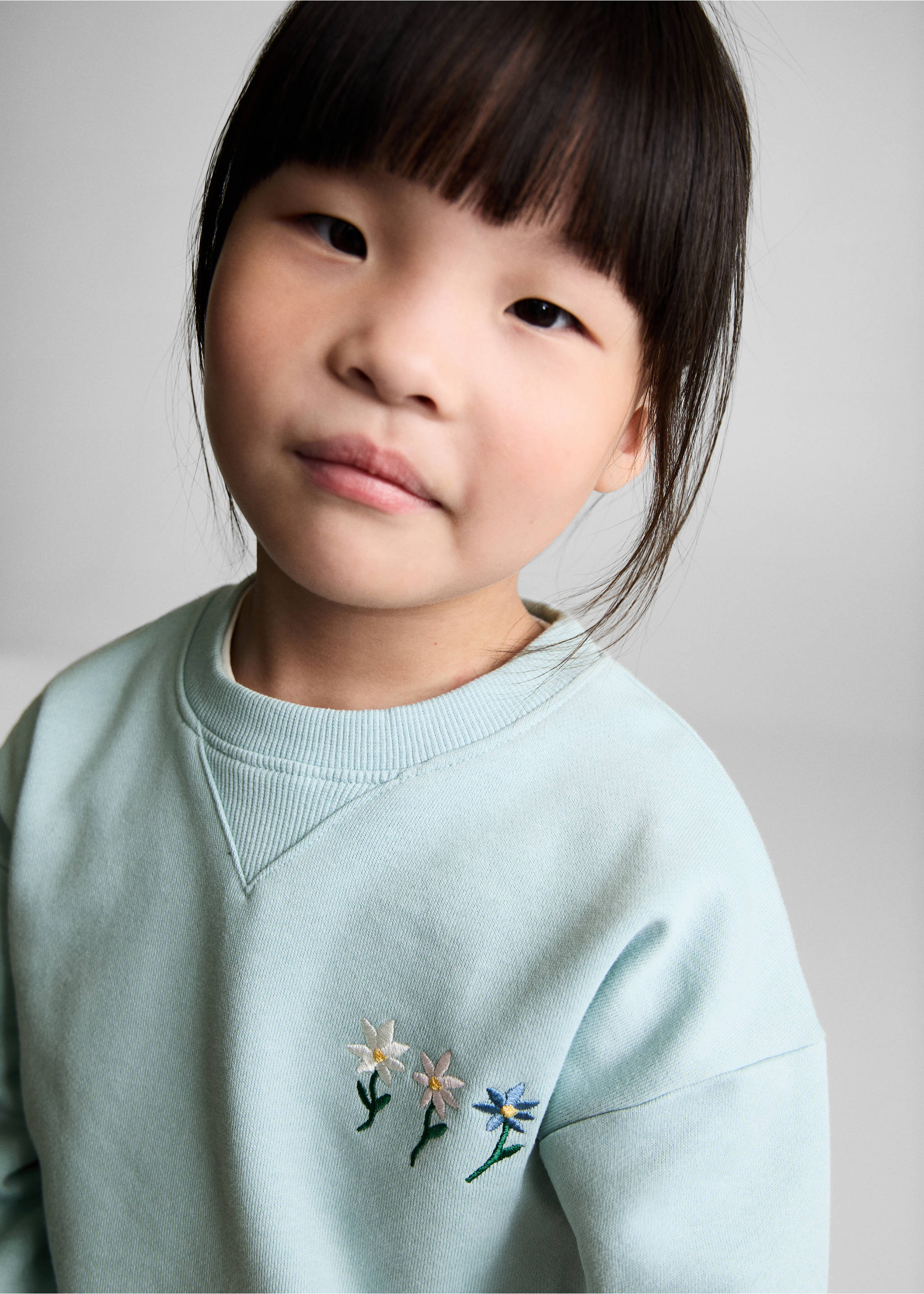 Floral embroidered sweatshirt - Details of the article 1, Aqua Green. Ref: 77017698-00.