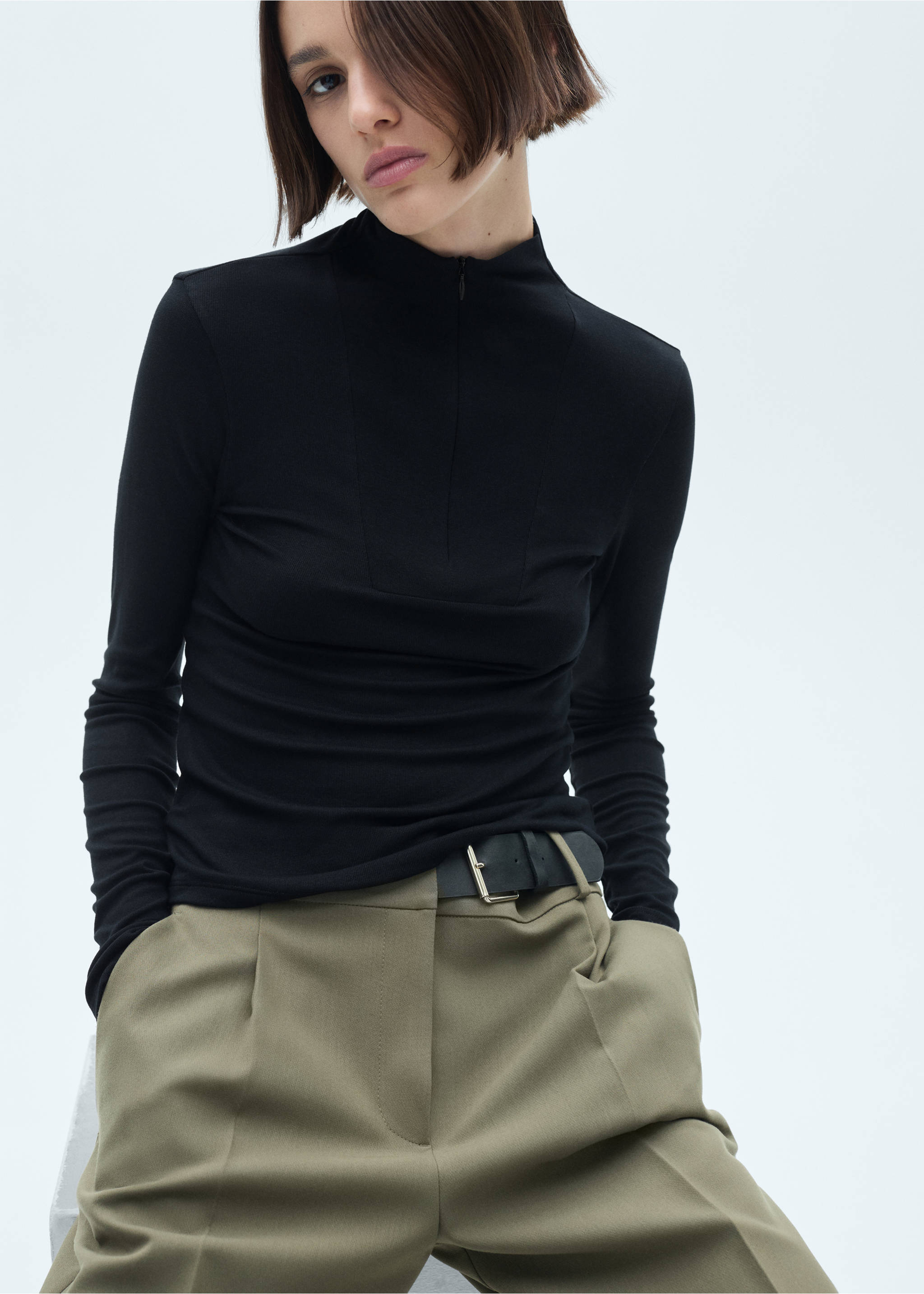 Perkins-neck zip-up t-shirt - Medium plane, Black. Ref: 77017720-00.