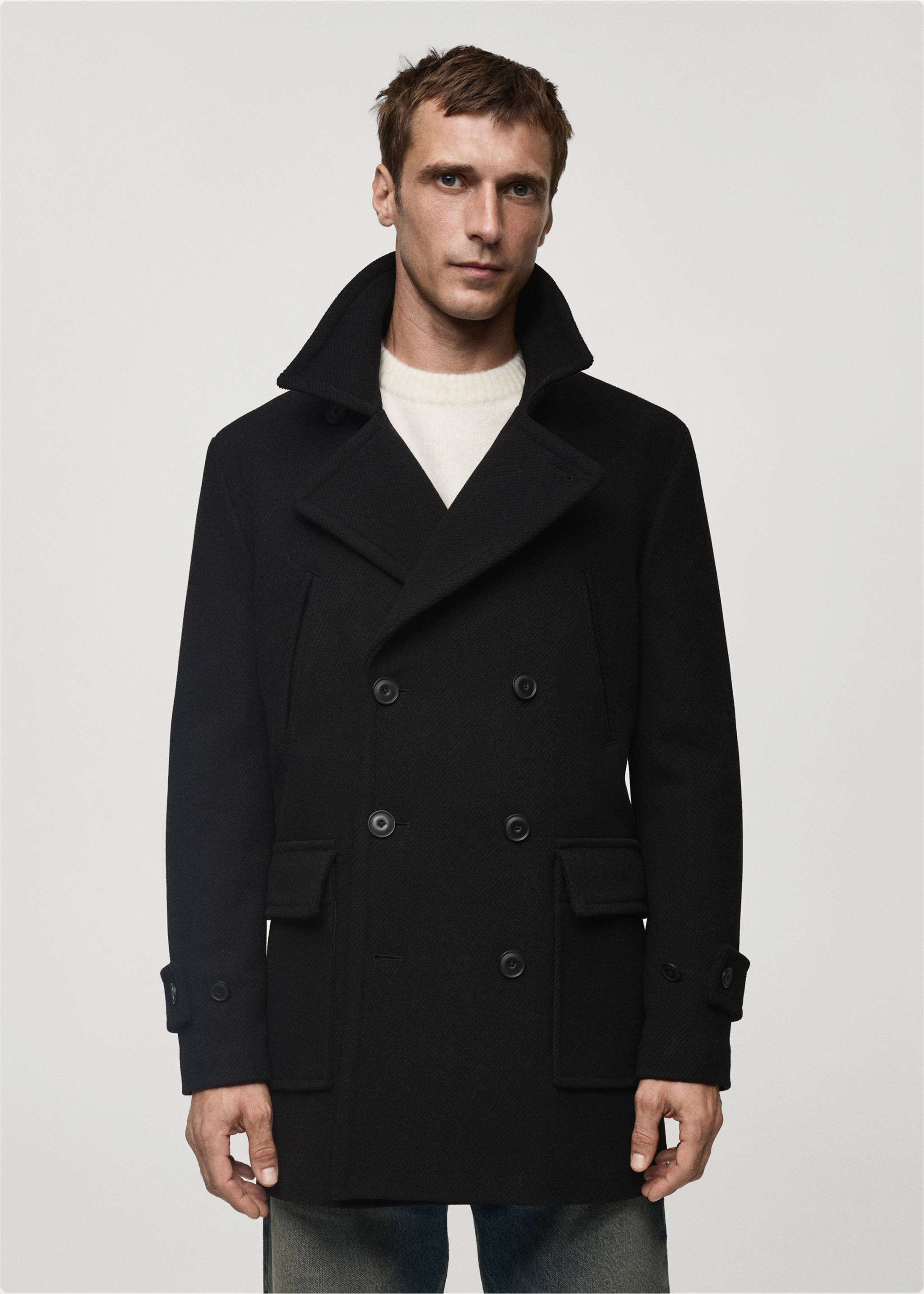 Recycled wool double-breasted coat - Medium plane, Black. Ref: 77017920-00.