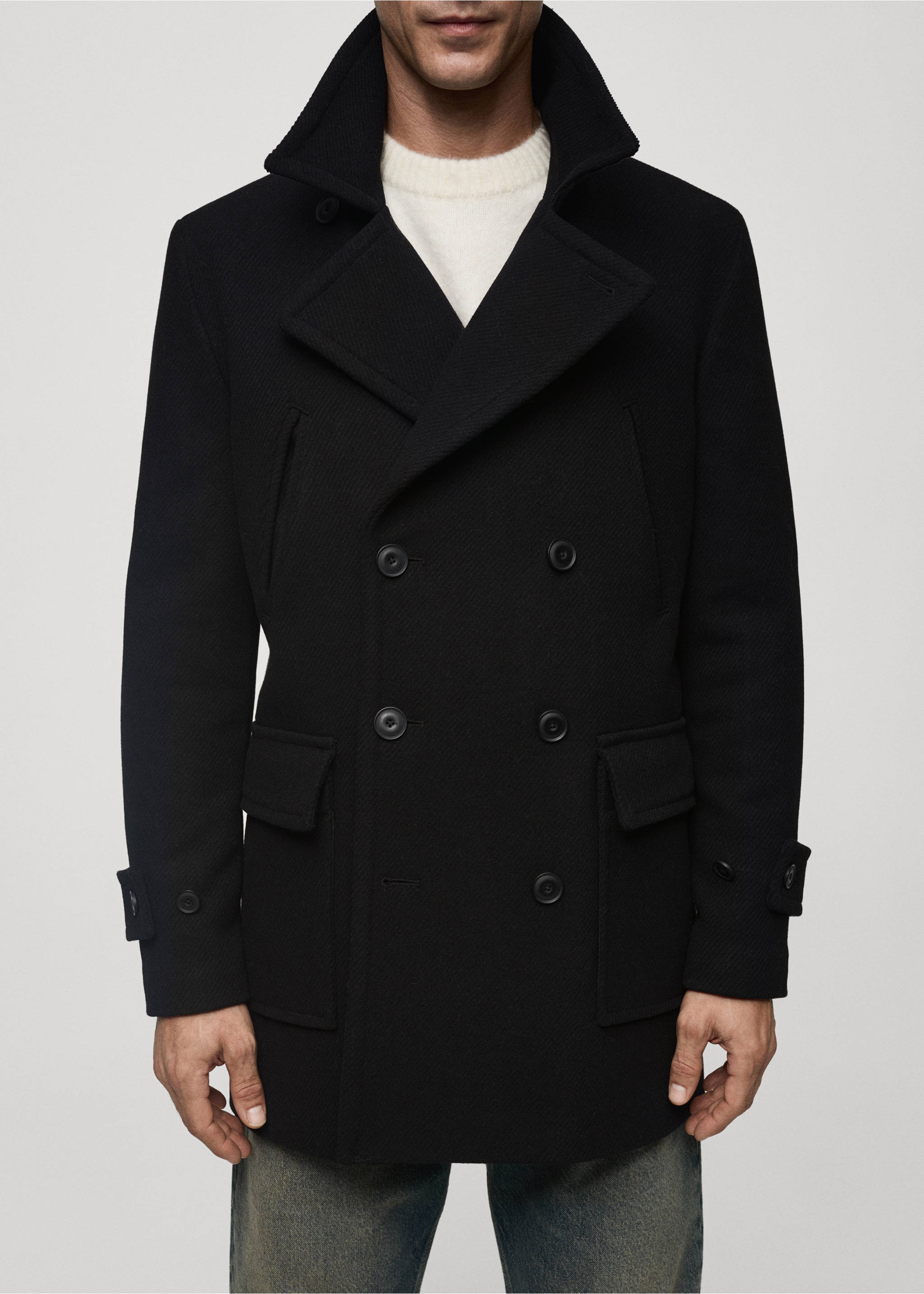 Recycled wool double-breasted coat - Details of the article 3, Black. Ref: 77017920-00.