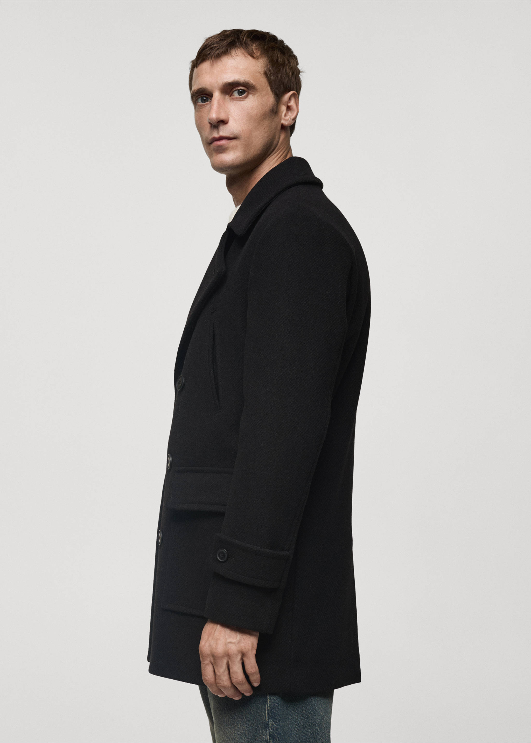 Recycled wool double-breasted coat - Details of the article 2, Black. Ref: 77017920-00.