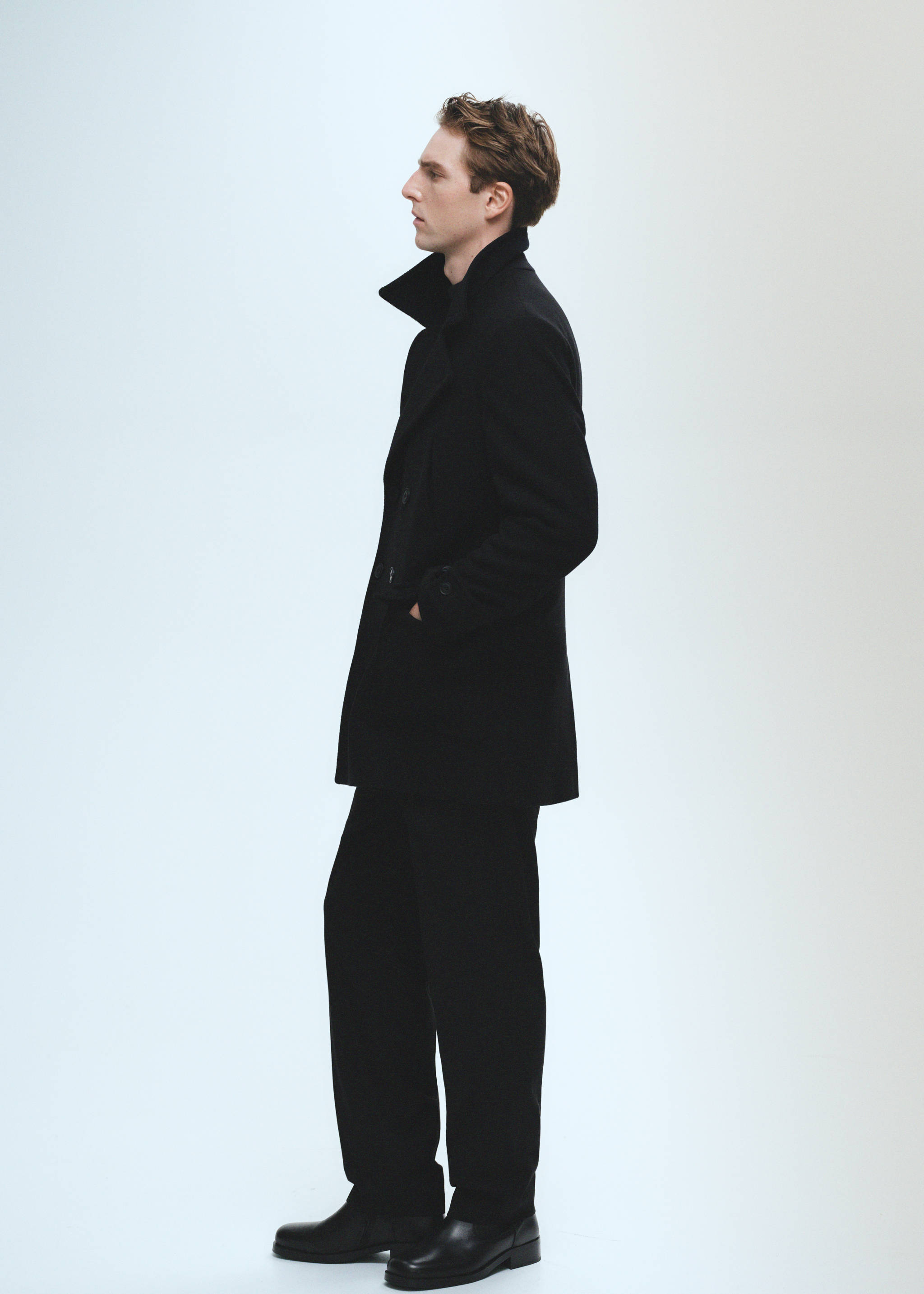Recycled wool double-breasted coat - Details of the article 3, Black. Ref: 77017920-00.