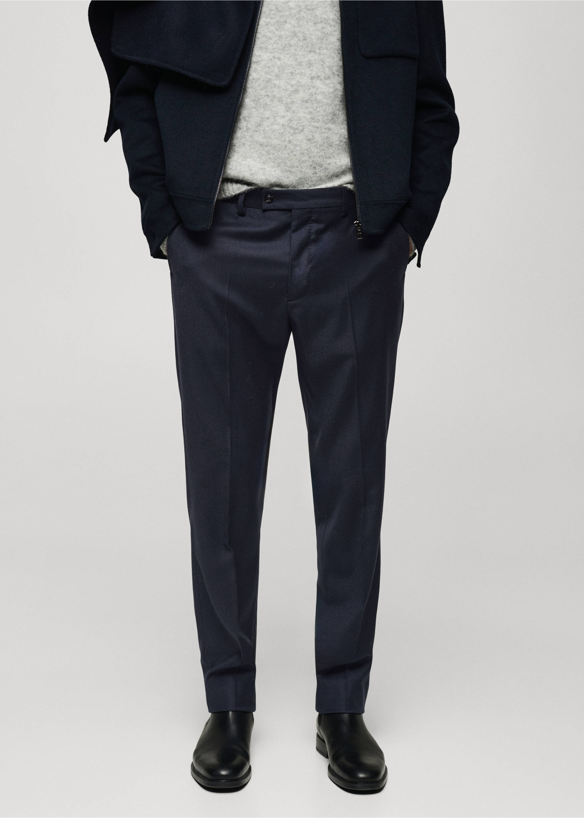 100% Italian virgin wool flannel suit trousers - Medium plane, Dark Navy. Ref: 77017926-00.