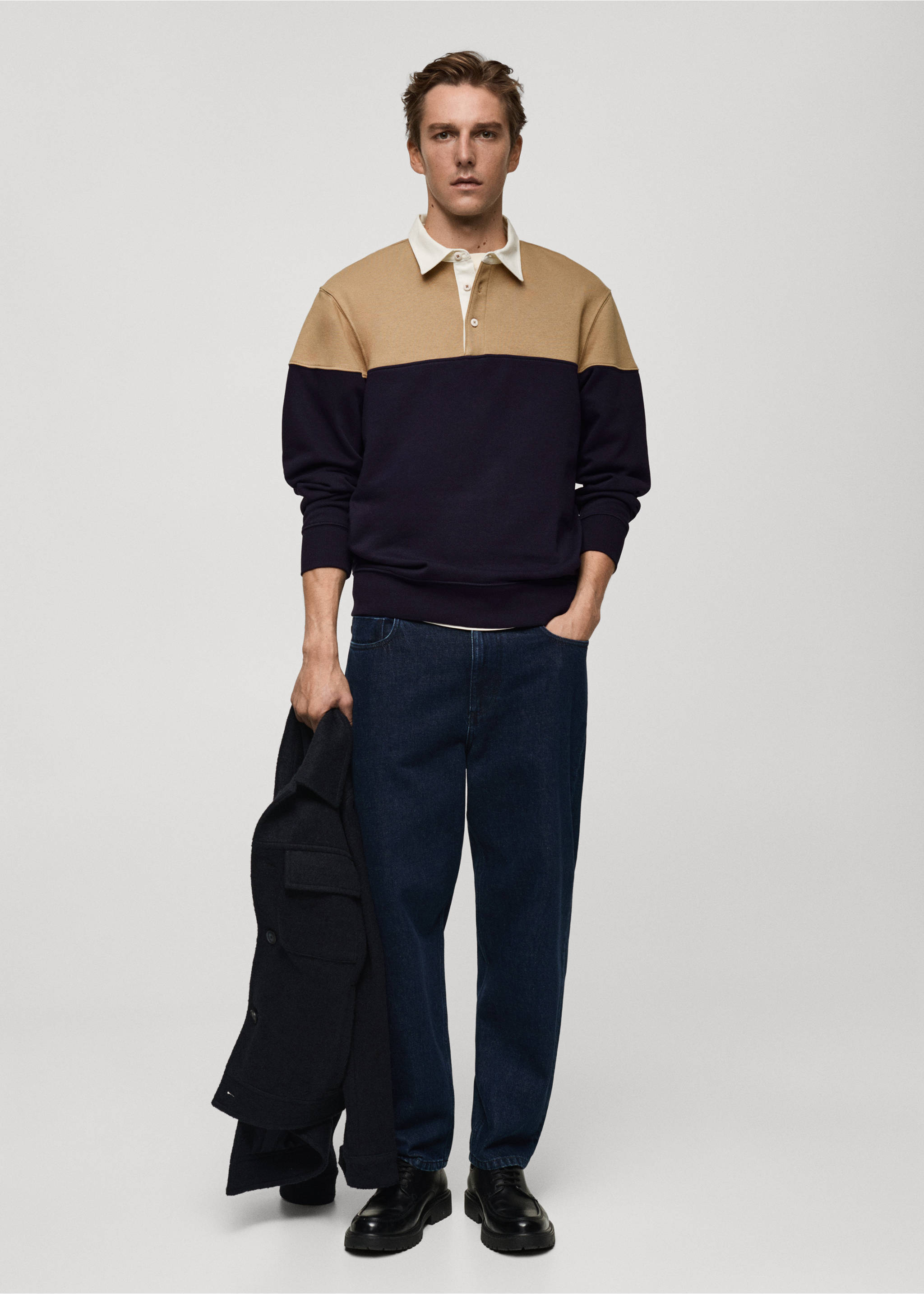Zweifarbiges Polo-Sweatshirt aus Baumwolle - Allgemeine Ansicht, Dunkles Marineblau. Ref: 77017939-00.