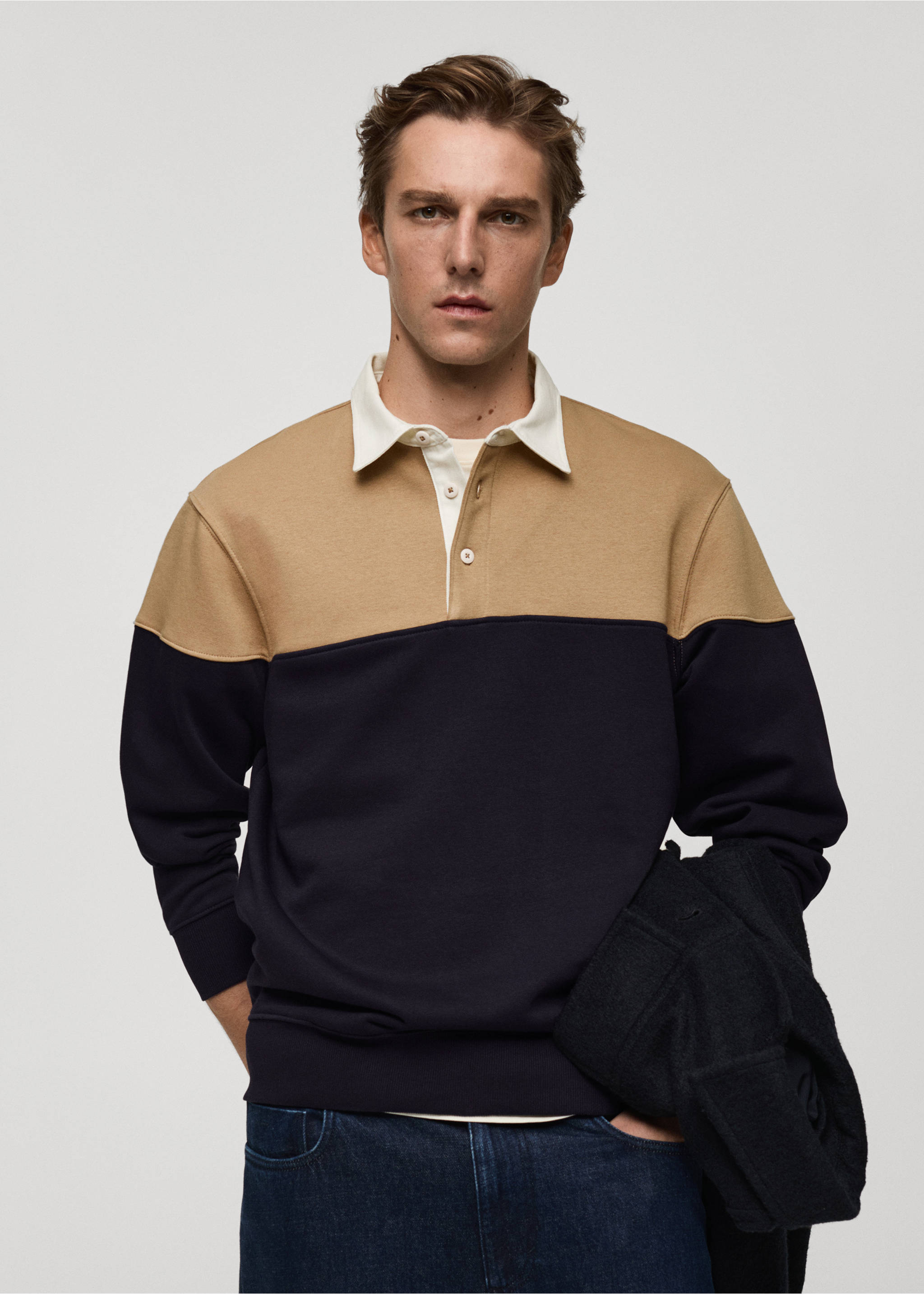 Zweifarbiges Polo-Sweatshirt aus Baumwolle - Mittlere Ansicht, Dunkles Marineblau. Ref: 77017939-00.